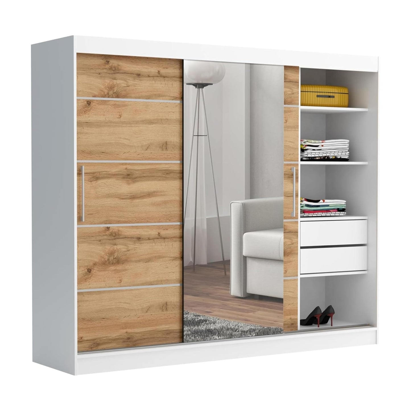 Brent - Kleiderschrank mit Spiegel und Schubladen 235cm Breit Chelsea Tomy, Schwebetürenschrank mit Spiegel, Schlafzimmerschrank, Kleiderschrank Schwarz