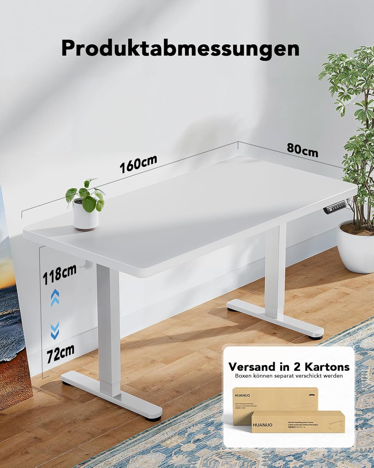 HUANUO Höhenverstellbarer Schreibtisch 160x80cm,25MM Ganze Tischplatte mit Bürstenloser Motor,Ergonomischer Steh-Sitz Tisch Stehpult,Einfache Montage Elektrischer Stehschreibtisch für Homeoffice