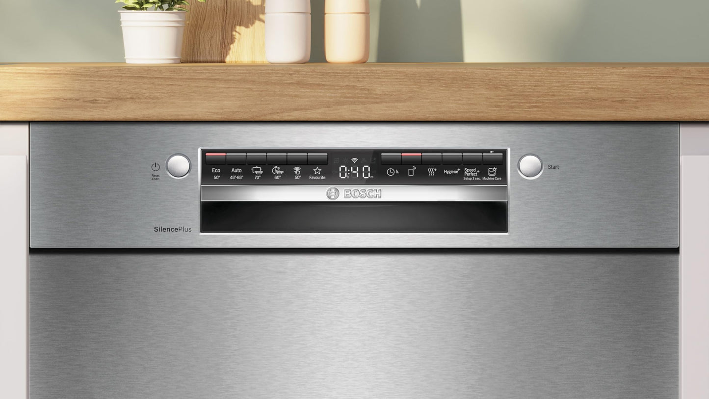 Bosch SMU4ETS08E, Series 4, Smart Undermount Dishwasher, 60 cm, Cutlery Basket, Dishwasher with Program Assistant, Particularly Quiet, Height-Adjustable Upper Basket, Automatic Door Opening, Stainless