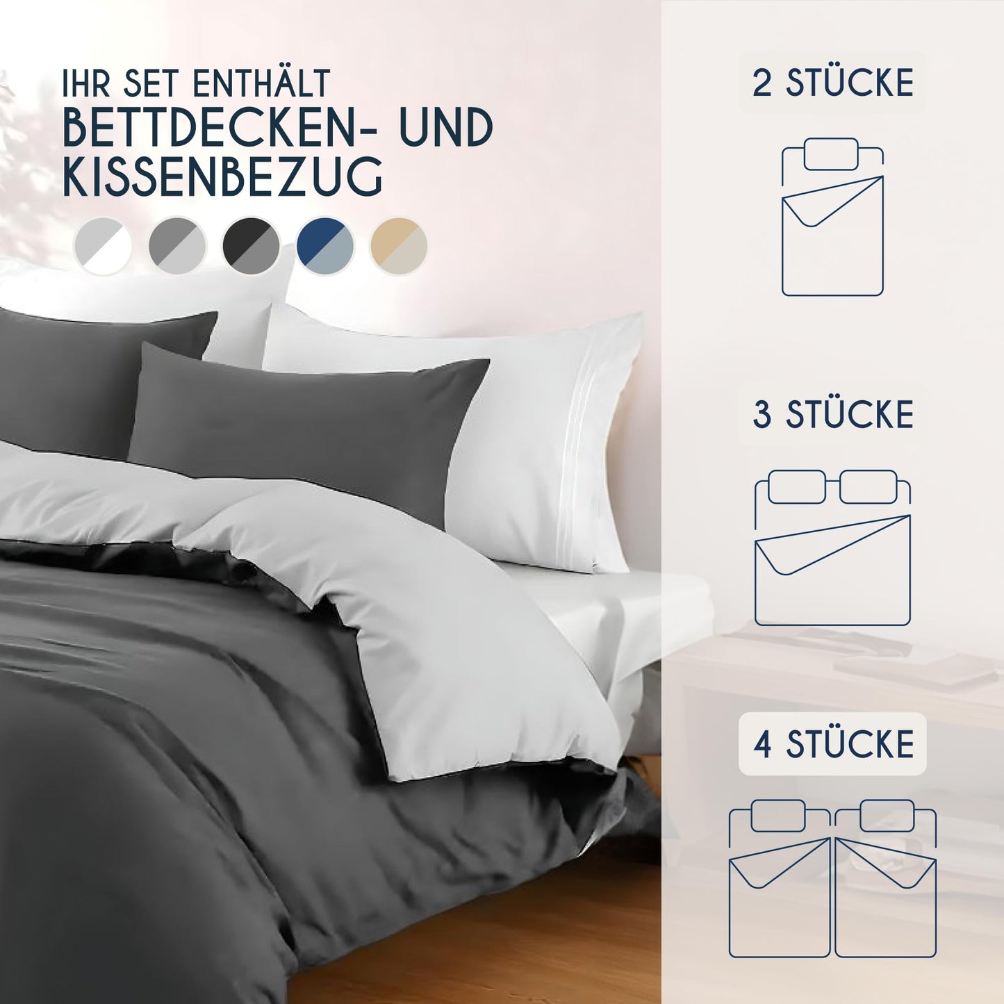 Dreamzie - Bed Linen Set 200 x 200 cm with 2 Pillowcases 80 x 80 cm Light Grey/White - 1 Duvet Cover 200 x 200 cm Made of 100% Microfibre - Certified No Chemicals (Oeko Tex)