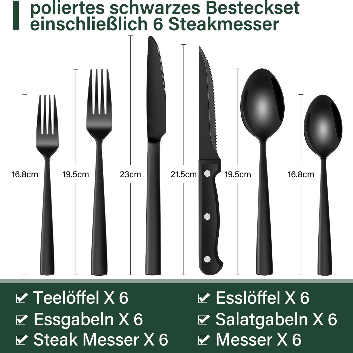 Terlulu 36-Piece Stainless Steel Cutlery Set with Steak Knife Black, Cutlery Set for 6 People, Elegant Cutlery Set with Knife, Fork, Spoon, Cutlery for Home/Party/Restaurant, Dishwasher Safe