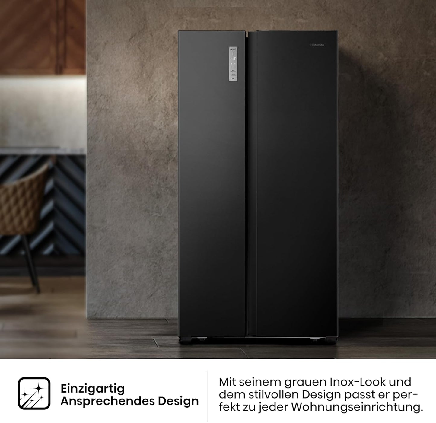 Hisense RS677N4BFD Side by Side Kühl-Gefrierkombination/ Inverter-Kompressor/ Flaschenablage/ 2 FreshZone/Gemüsefach / Kühlteil 334 l/ Gefrierteil 185 l/ 41 dB/ 247 kWh/ Jahr, Schwarz