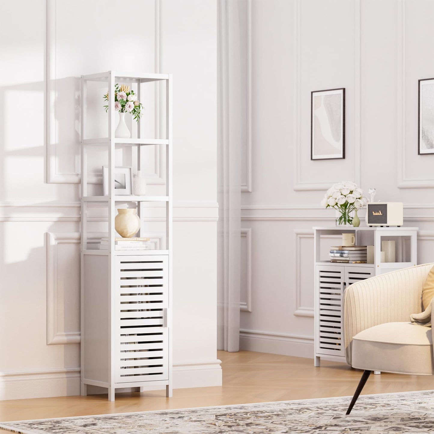 HITNET Bathroom Cabinet Bamboo Black Bathroom Cabinet Tall Cabinet Narrow Freestanding Floor Standing with Open Shelf and Single Door