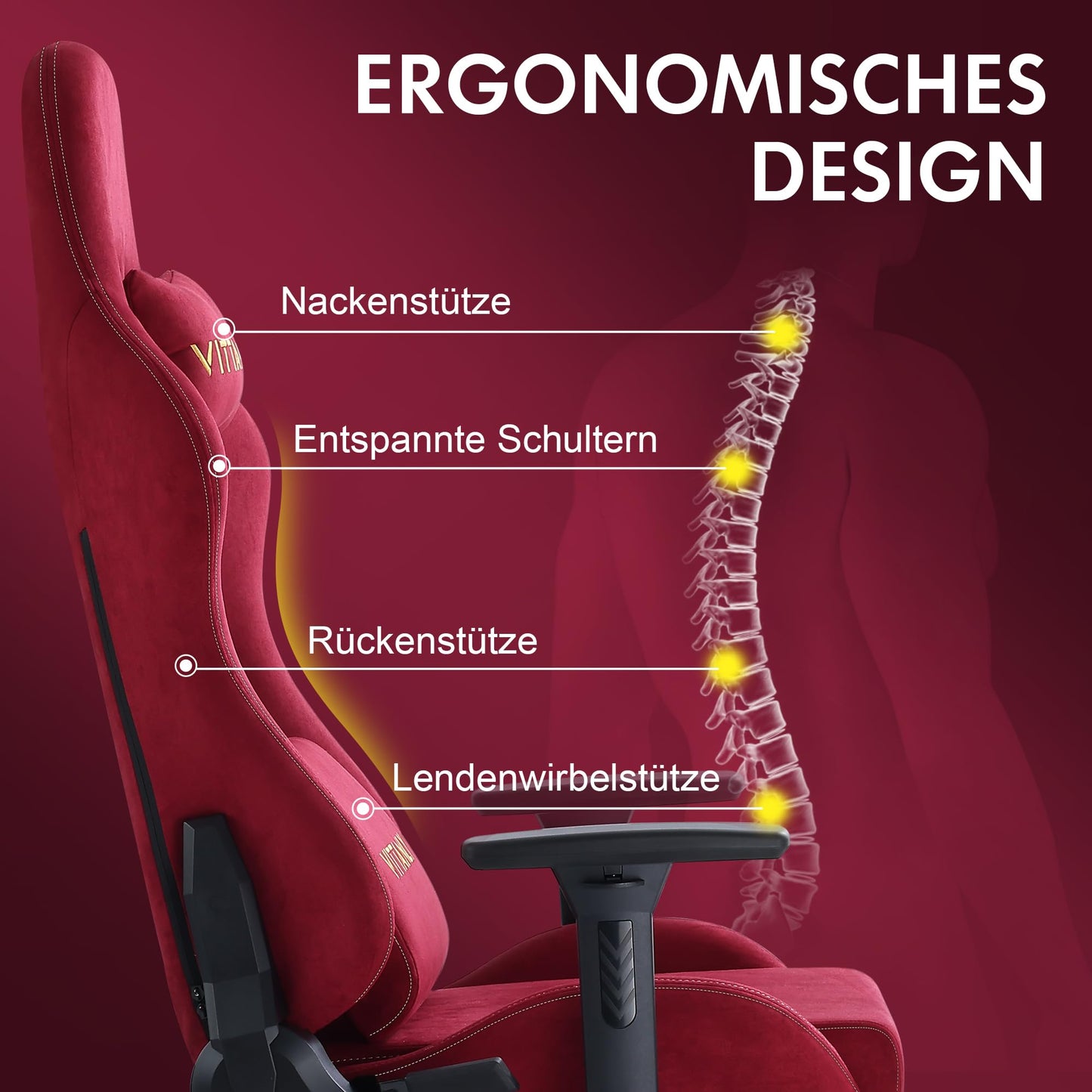Vittanly Gaming Stuhl, Luxuriöser Wildlederimitat Gaming Chair Bürostuhl, Ergonomischer Schreibtischstuhl mit Fußstütze Kopfstütze und Lendenkissen, 3D Armlehnen, 90-155° Rückenlehne, Weinrot