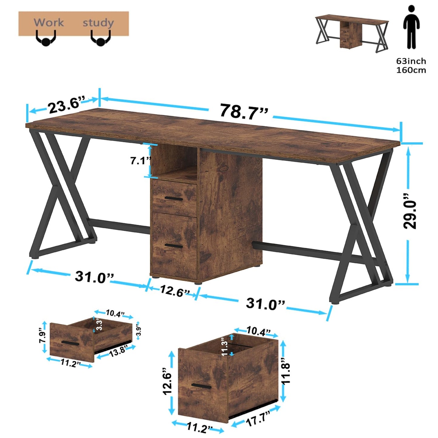 LVB Schwarz Large Double Industrial Computer-Schreibtisch mit Schubladen, Extra Lange Gaming-Tabelle mit Lagerung Schrank Regale, Holz-Metall-Computer-Schreibtisch