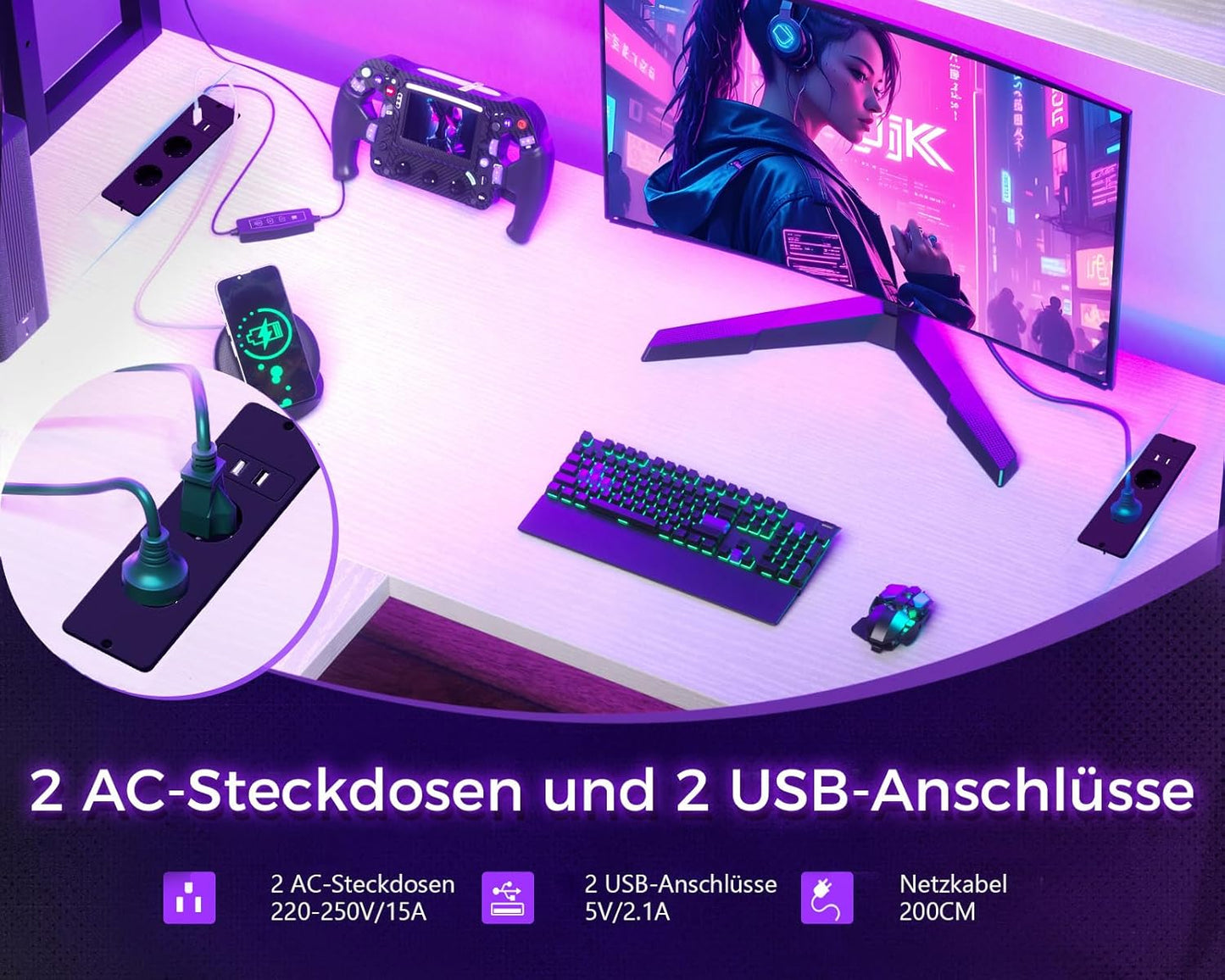 ODK Eckschreibtisch Weiß mit Stall, 150×120 cm Reversibel Gaming Tish L Form mit LED, Computertisch mit USB-Ladeanschluss&Steckdose, Gaming Schreibtisch für das Heimbüro