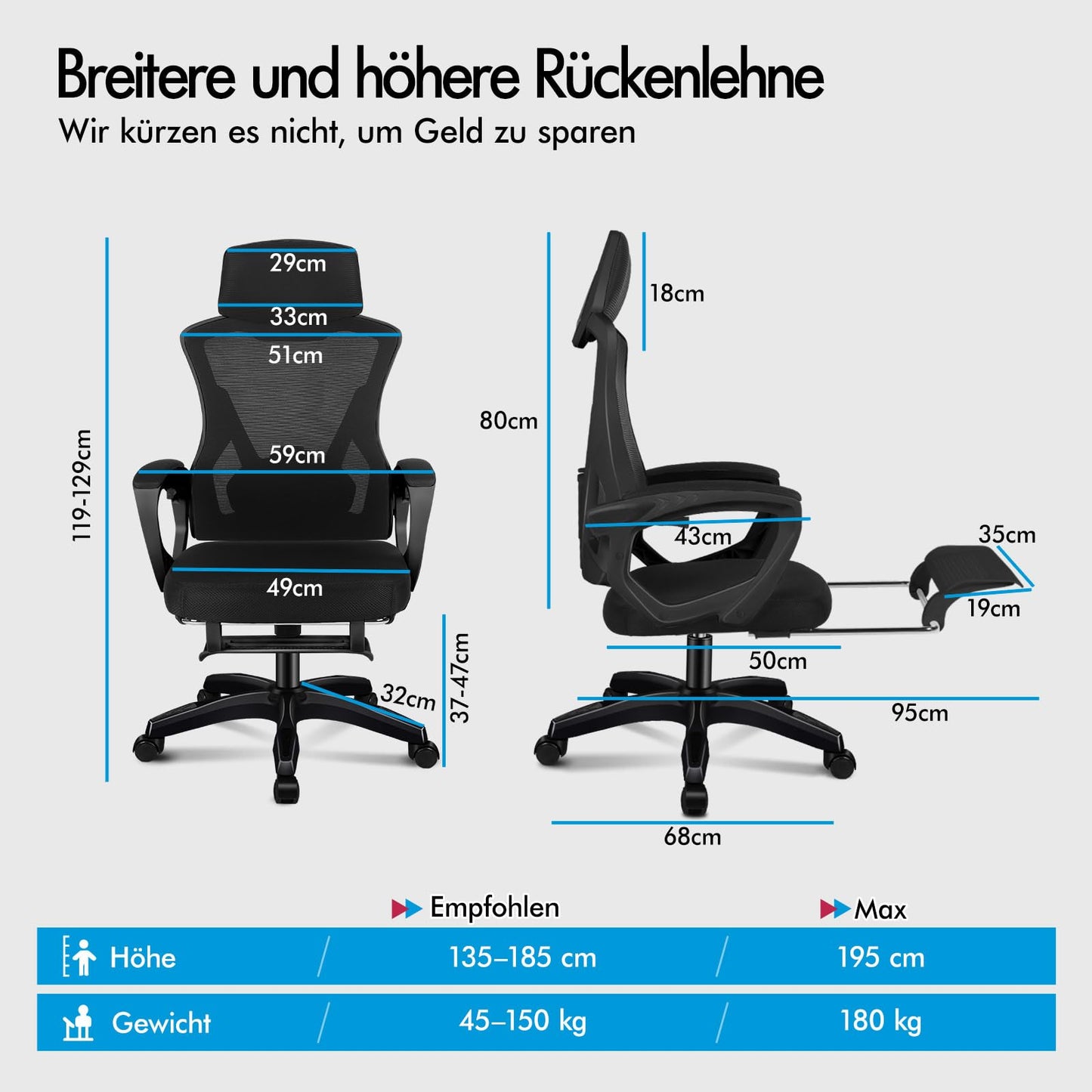 ALFORDSON Bürostuhl, Lendenstütze, Atmungsaktives Netz und Stoff, Hochklappbare/Verstellbare Armlehnen, Hochwertiger Schaumstoff, 180kg für Zuhause & Gaming, Wale, Schwarz