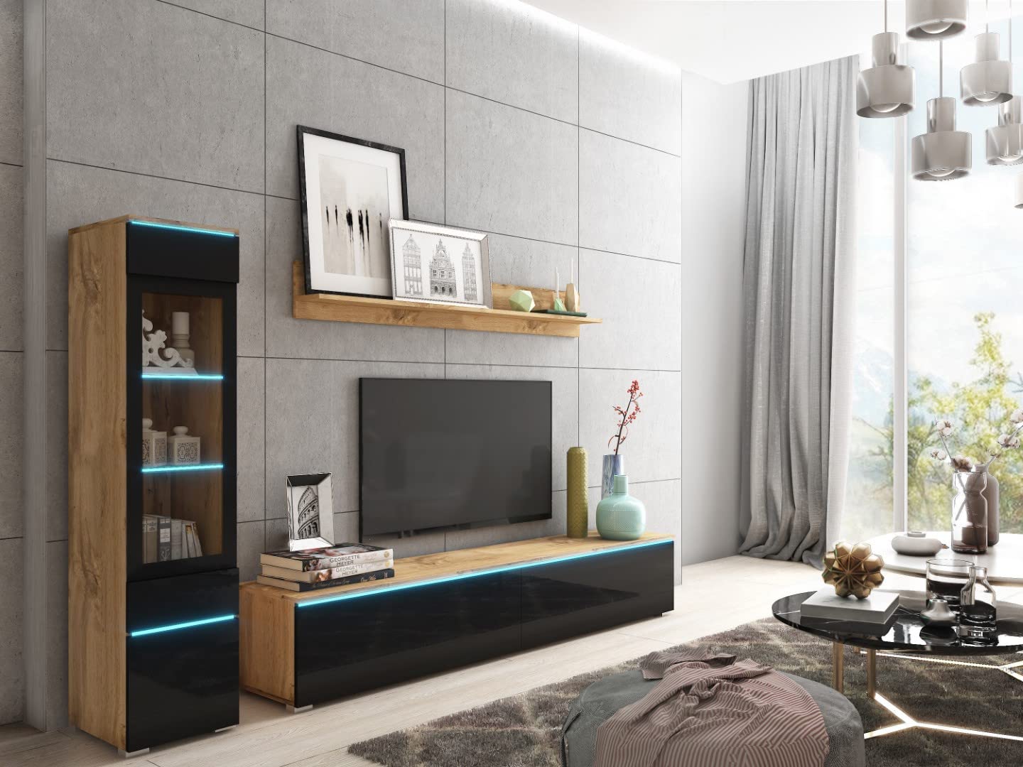 MINIO go for it Veve 2, 4-Piece Wall Unit Set, Hanging or Standing, 2 x Tall Cabinet Display Cabinets, Lowboard, Wall Board, Laminated Clamping Plate, Wotan Oak and Black Gloss, without Lighting