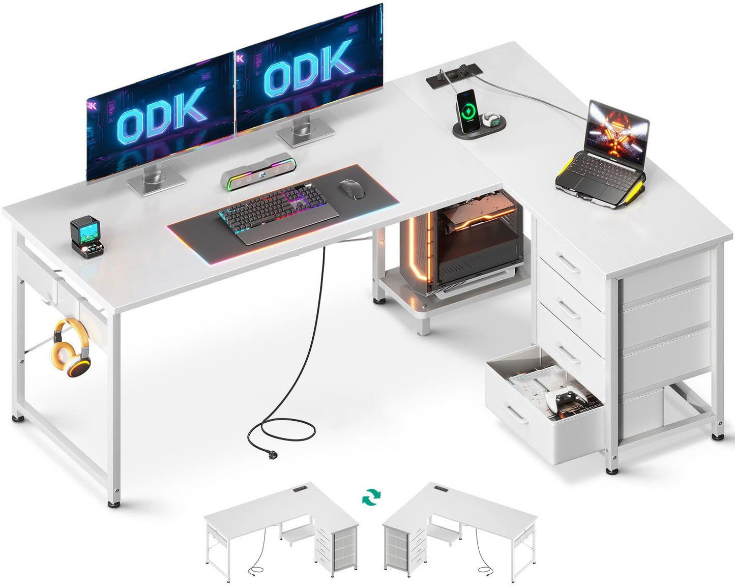 ODK Corner Desk with 4 Drawers, 135 x 100 cm, L Shape Desk with Socket and USB Charging Port, Reversible Desk with Storage Space for Home Office and Gaming, Black