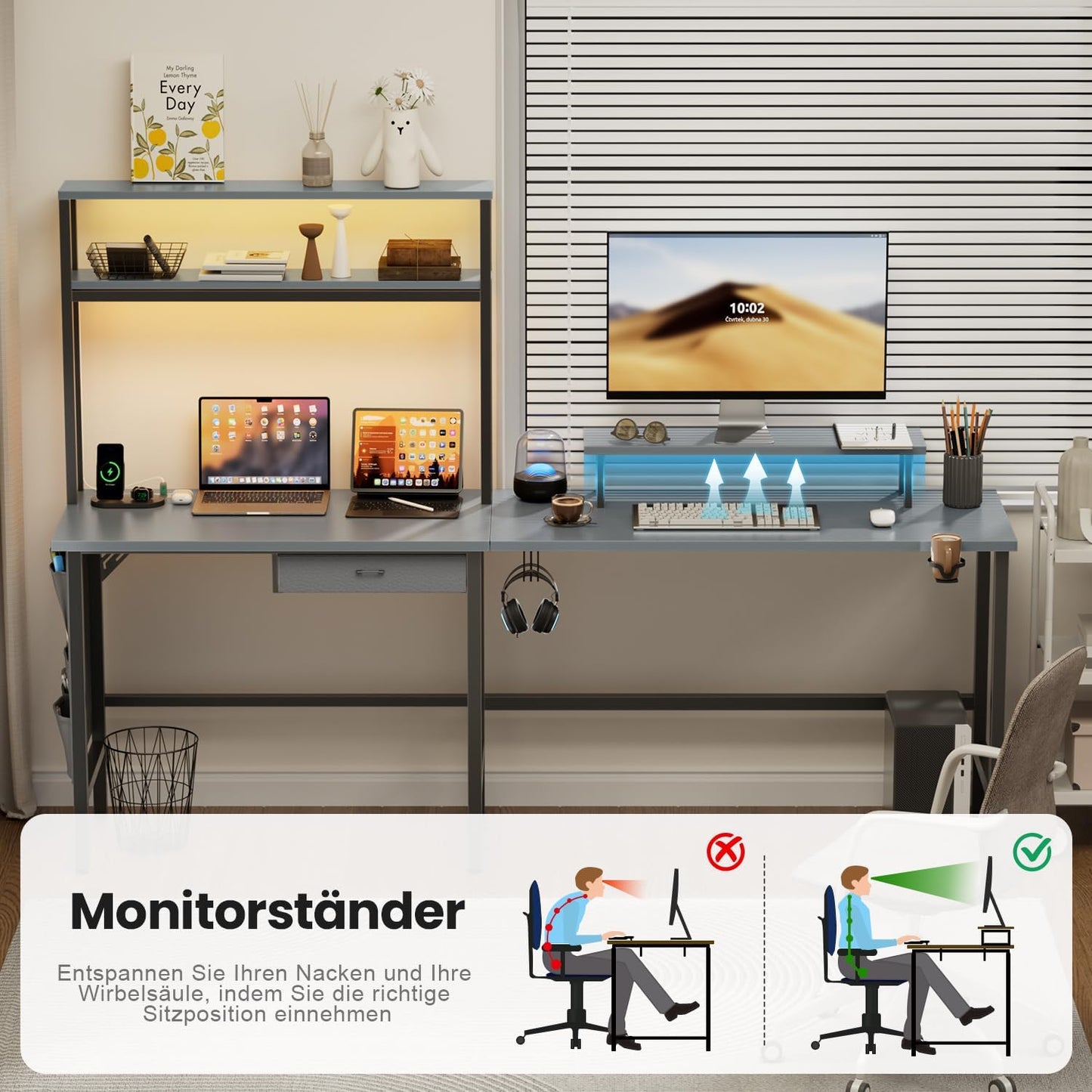 HLONONE Gaming Table with LED, 150 x 100 cm Gaming Desk, L Shape with 3 Sockets and 2 USB, Reversible Corner Desk, PC Corner Table, Computer Desk with Monitor Stand and Countertop Shelf, Black