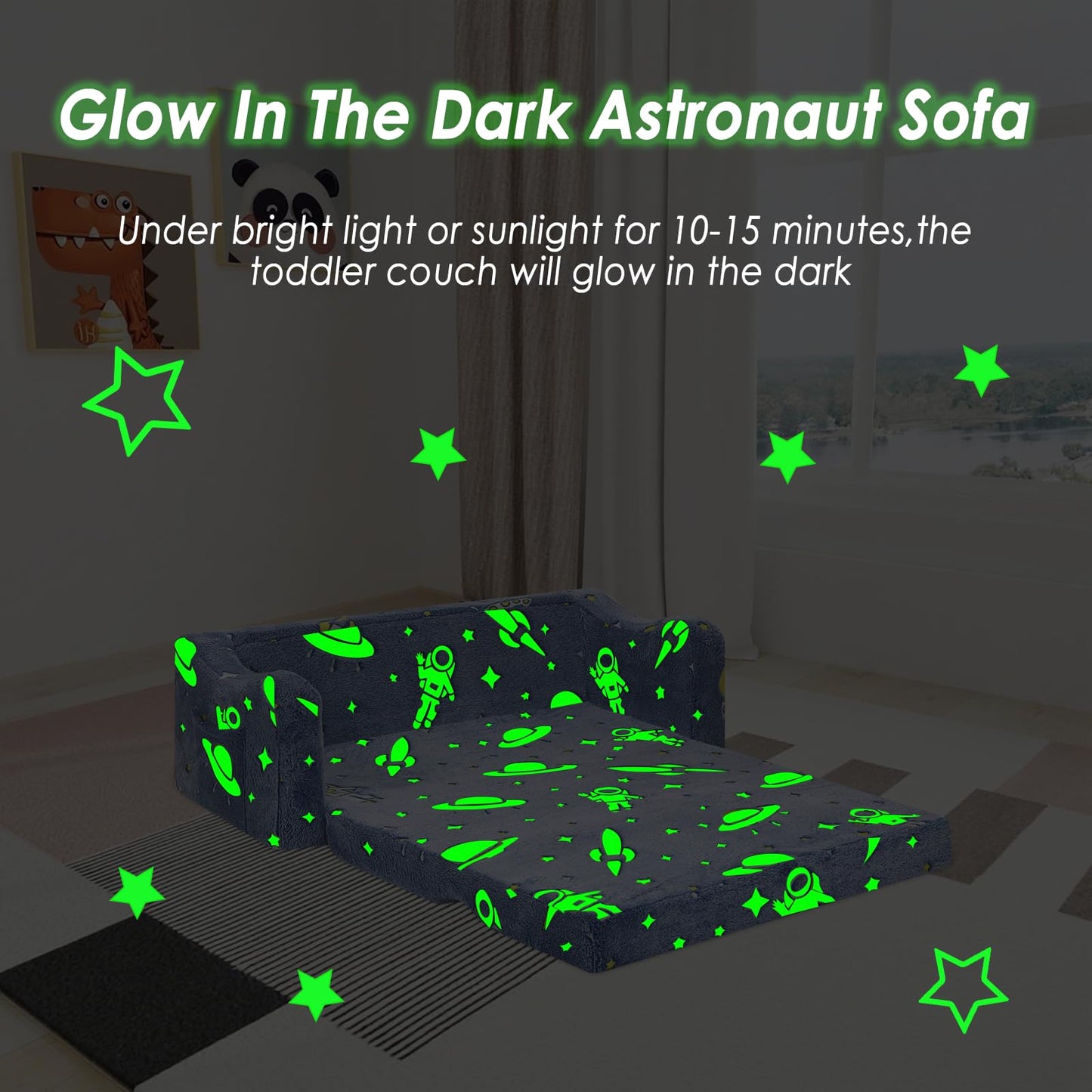 Children's Sofa Fold-Out 2-in-1, Extra Large Children's Sofa Glows in the Dark with Sleep Function, Children's Chair for Children's Room, Playroom, Astronauts