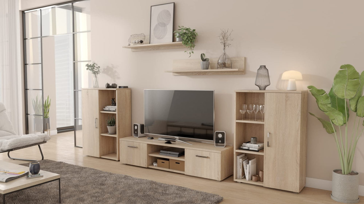 MATKAM Herkules II Wall Unit, Modern Living Room Cabinet with TV Table, Sideboard and Wall Shelf, Living Room Complete Furniture (White/Black)