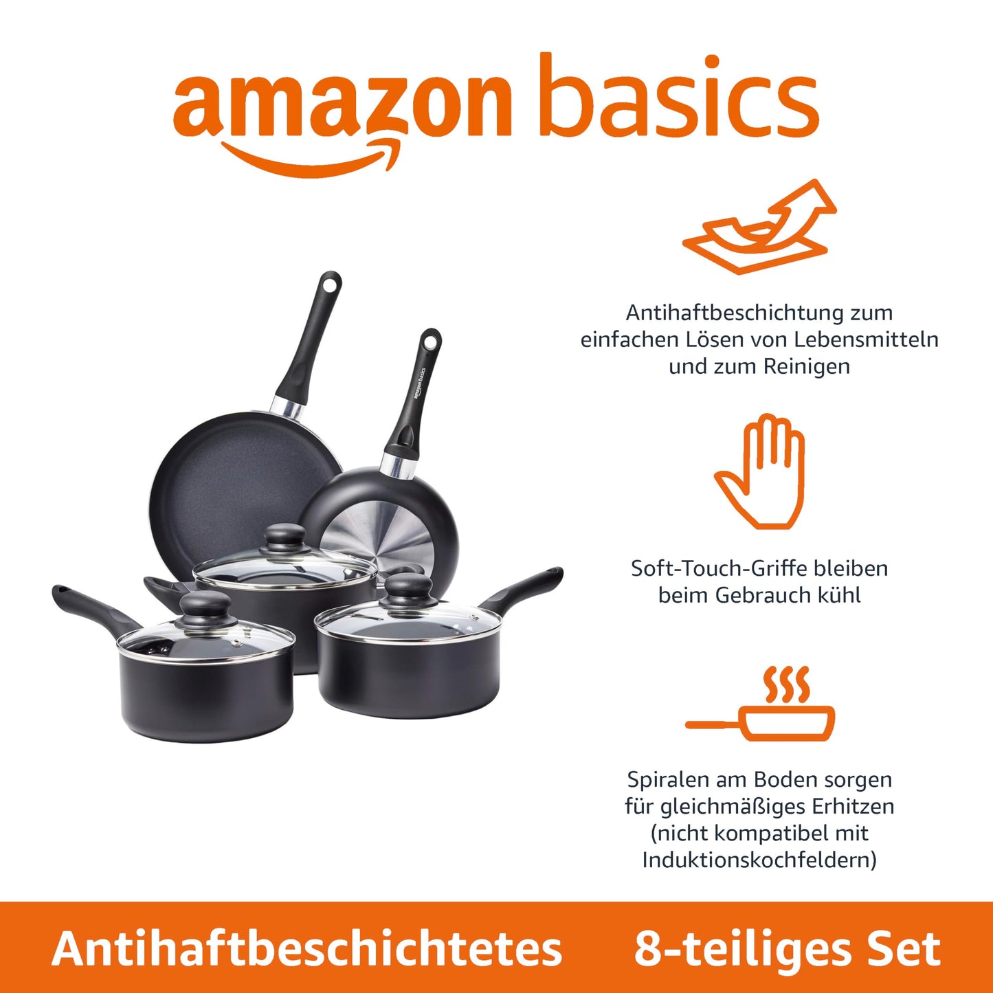 Amazon Basics 15-teiliges Kochgeschirr mit Antihaftbeschichtung, Schwarz