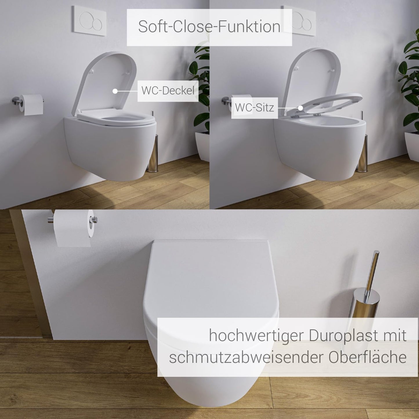 NT2038 Rimless Wall-Mounted Toilet White Shortened Version Ideal for Guest Toilets with SoftClose Lid (Soft-Close Mechanism), Toilet Made of Sanitary Ceramic with Removable Toilet Seat, Washdown