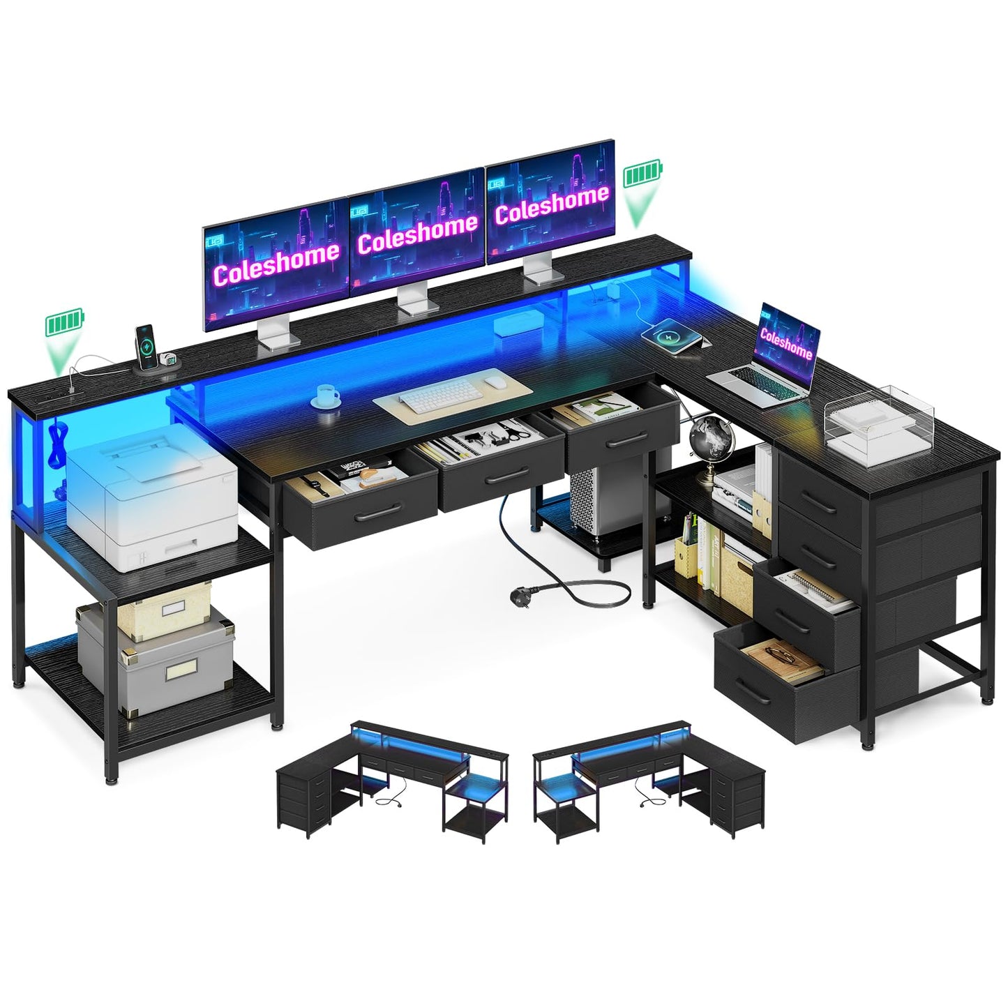 Coleshome Gaming Tisch mit 7 Schubladen & Großzügigem Stauraum, Eckschreibtisch mit RGB LED, Reversibler Schreibtisch L Form mit 2 Steckdosen, Ideal für Büro & Gaming, 179.5×135.5cm, Weiß