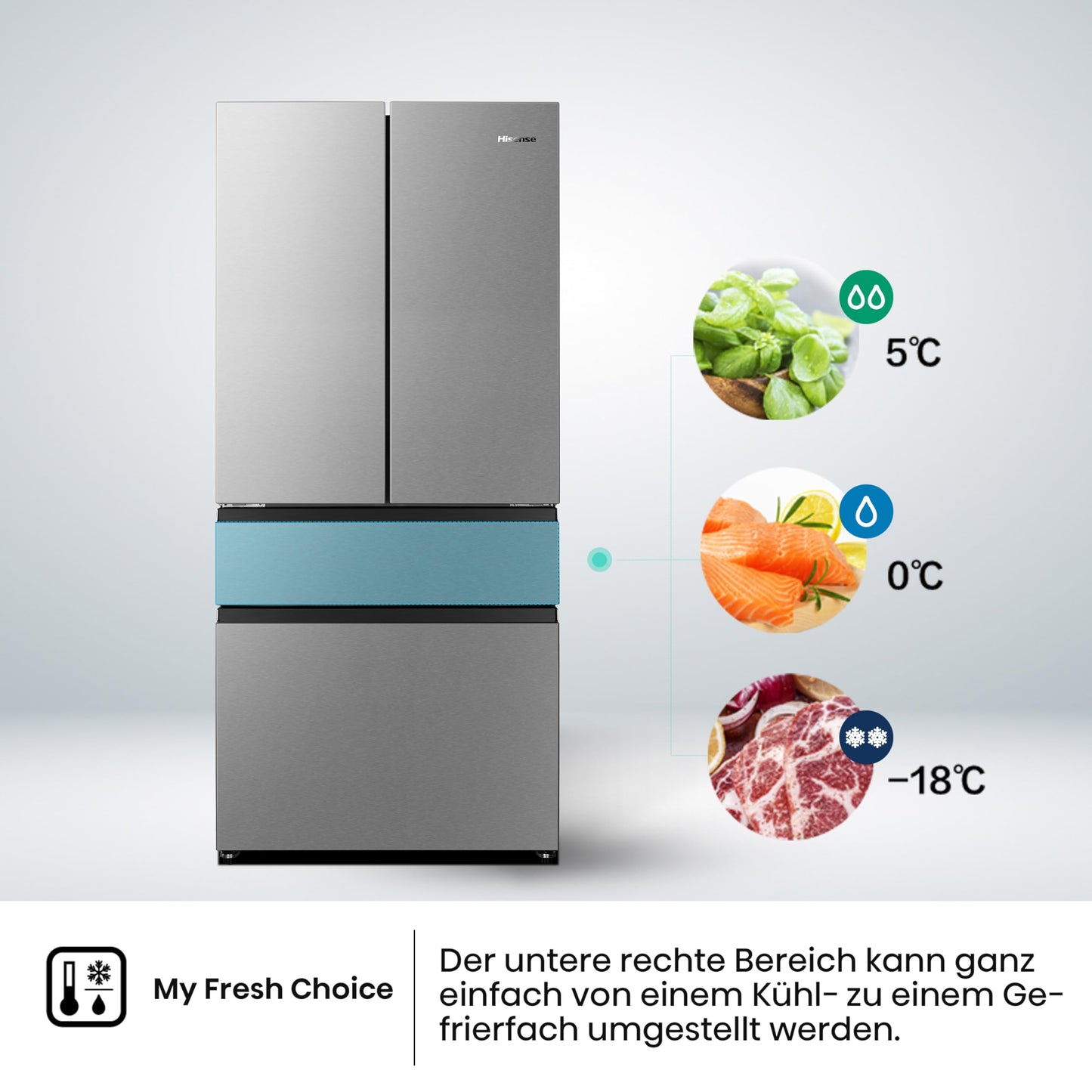 Hisense RF632N4WIE French Door Kühl-Gefrierkombination/ NoFrostPlus/ Inverter-Kompressor/ Wasserspender/ CrispZone/ 200 cm/ Kühlteil 336 l/ Gefrierteil 149 l/ 38 dB/ 295 kWh/ Jahr/ Inox-Look
