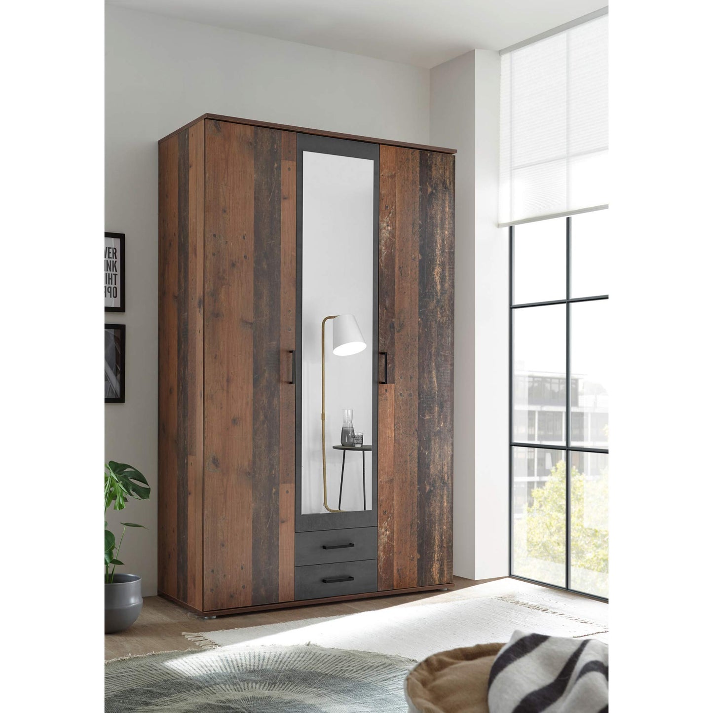 Stella Trading CHICAGO Eleganter Kleiderschrank mit viel Stauraum - Vielseitiger Drehtürenschrank in Artisan Eiche Optik und Absetzungen in Anthrazit - 156 x 197 x 54 cm (B/H/T)