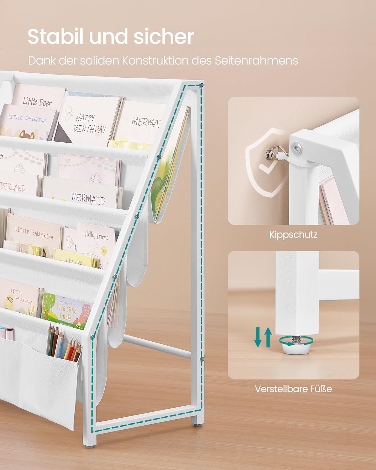 SONGMICS Bücherregal Kinder, Kinderregal, Spielzeugregal, Bücher-Organizer, mit Seitentasche, 75 cm hoch, für Kinderzimmer, Spielzimmer, weiß GKR024W01
