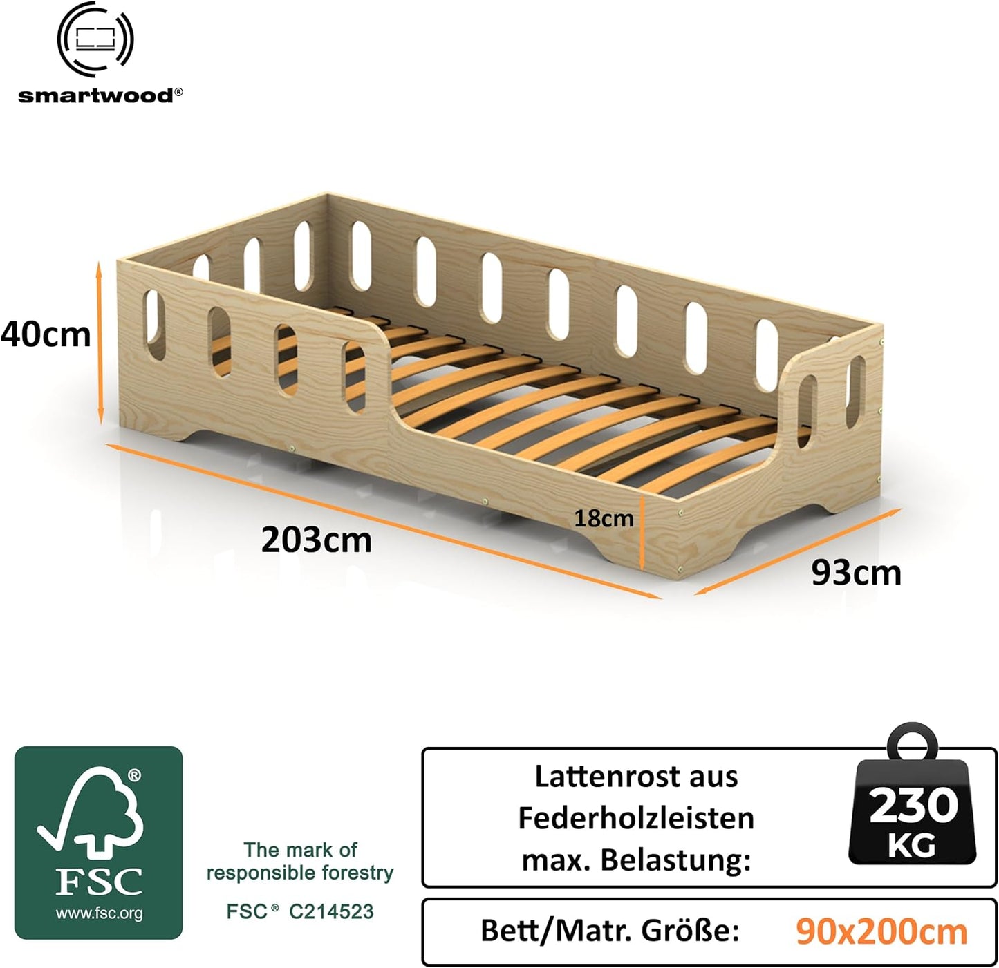 smartwood Kinderbett 80x160 Montessori Bett mit Rausfallschutz & Lattenrost - Kiefernsperrholz mit FSC-Zertifikat - für Jungen und Mädchen - Einfache Montage - TILA 1L