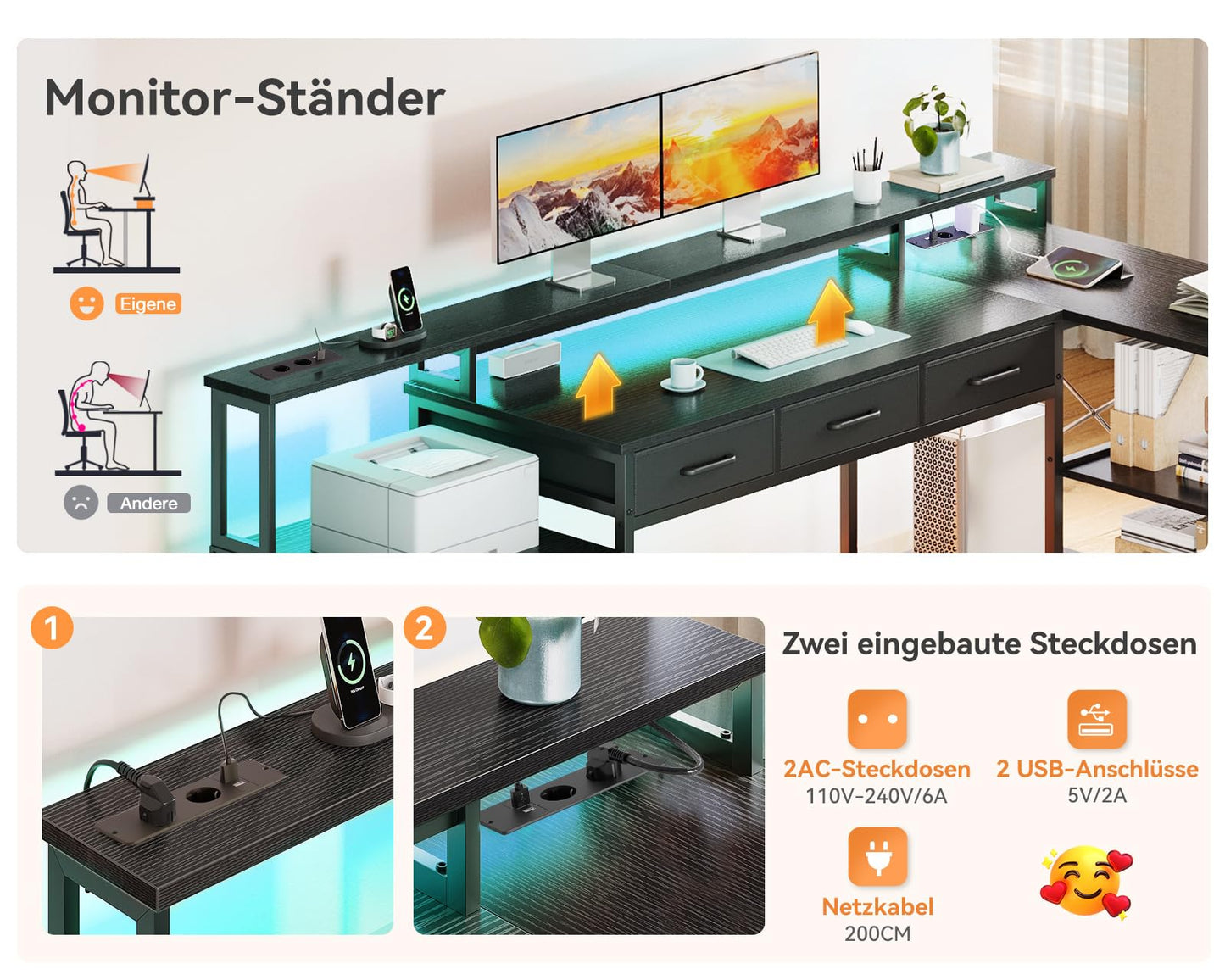 Coleshome Gaming Tisch mit 7 Schubladen & Großzügigem Stauraum, Eckschreibtisch mit RGB LED, Reversibler Schreibtisch L Form mit 2 Steckdosen, Ideal für Büro & Gaming, 179.5×135.5cm, Weiß