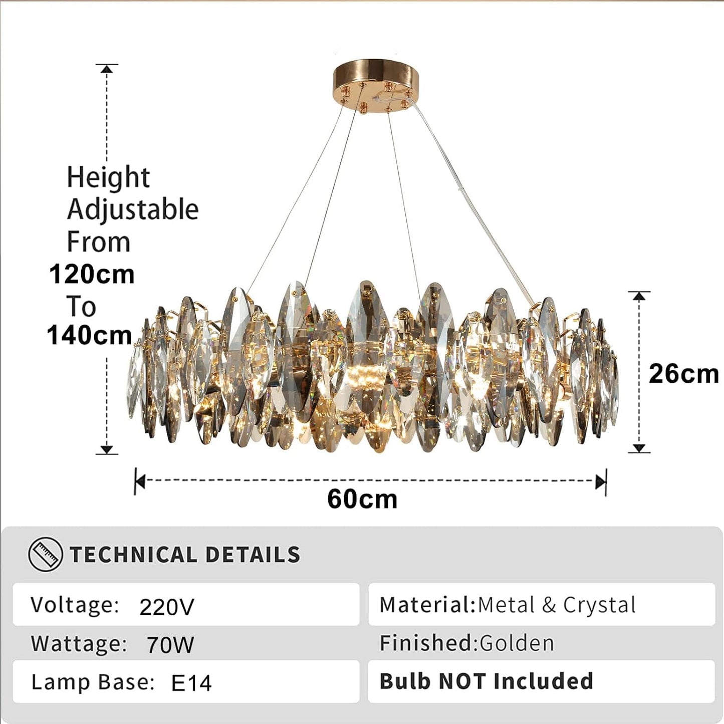 AHXIAOZN Modern LED Kristall Kronleuchter Luxus,Funkelnder Eiförmiger Kristall Deckenleuchte Gold,9xE14 Wohnzimmer Pendelleuchte,8-Flammig