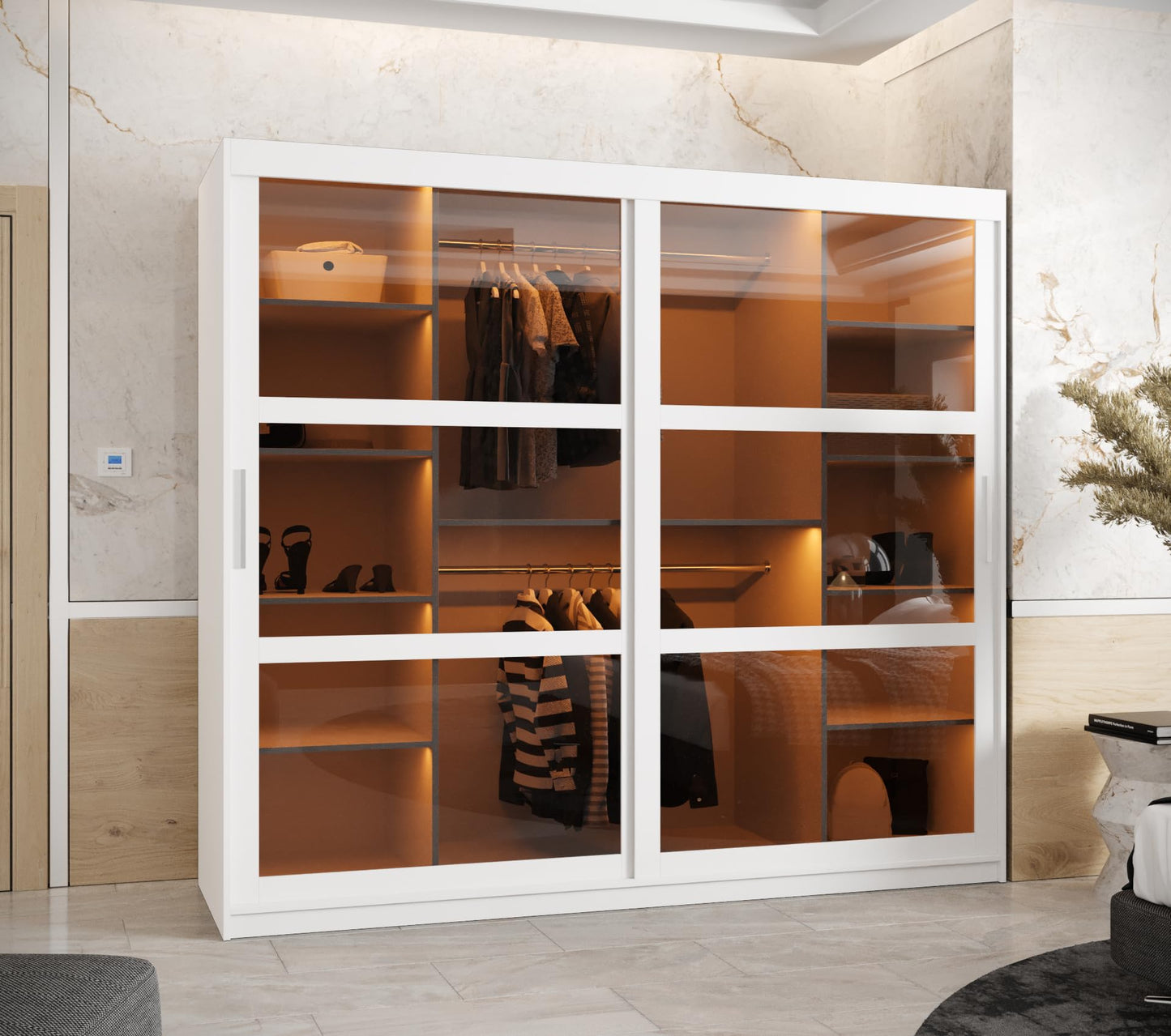 MEBLE KRYSPOL Dome 2 Schrank mit DREI Schiebetüren mit Spiegel, Stangen und Regalen - Aufbewahrungsschrank mit Rauchglas für Schlafzimmer, Wohnzimmer - 200x250x62cm - Schwarz, Schwarz, Schwarz