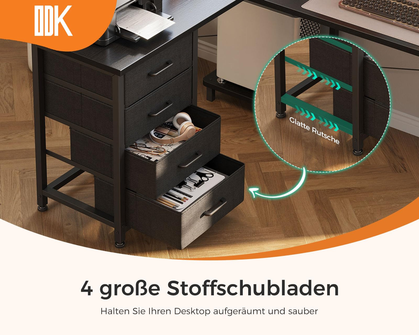 ODK Corner Desk with 4 Drawers, 135 x 100 cm, L Shape Desk with Socket and USB Charging Port, Reversible Desk with Storage Space for Home Office and Gaming, Black