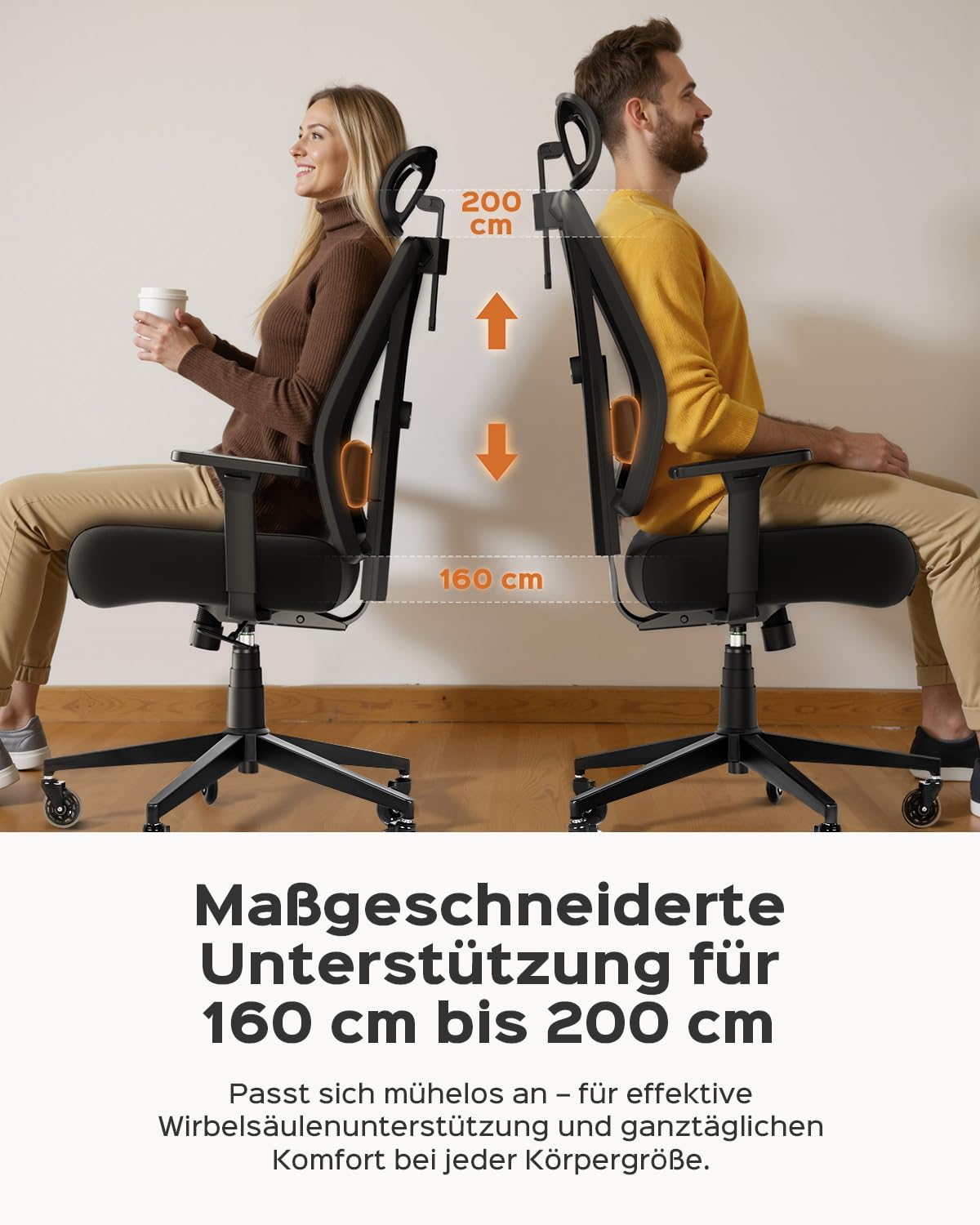 Dowinx Office Chair 270 kg, Ergonomic Desk Chair with Thick Seat Padding, Adjustable Lumbar Support, Height-Adjustable Backrest, 3D Armrests, Metal Base, Black