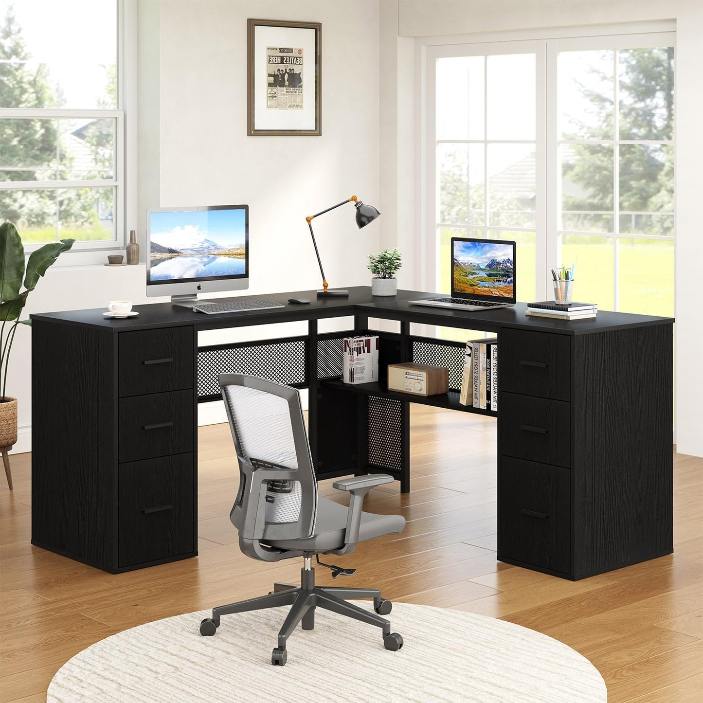 HSH - Black L Shape Corner Desk with Filing Drawers and Shelves, Reversible Corner Desk Made of Metal and Wood with Storage Cabinets