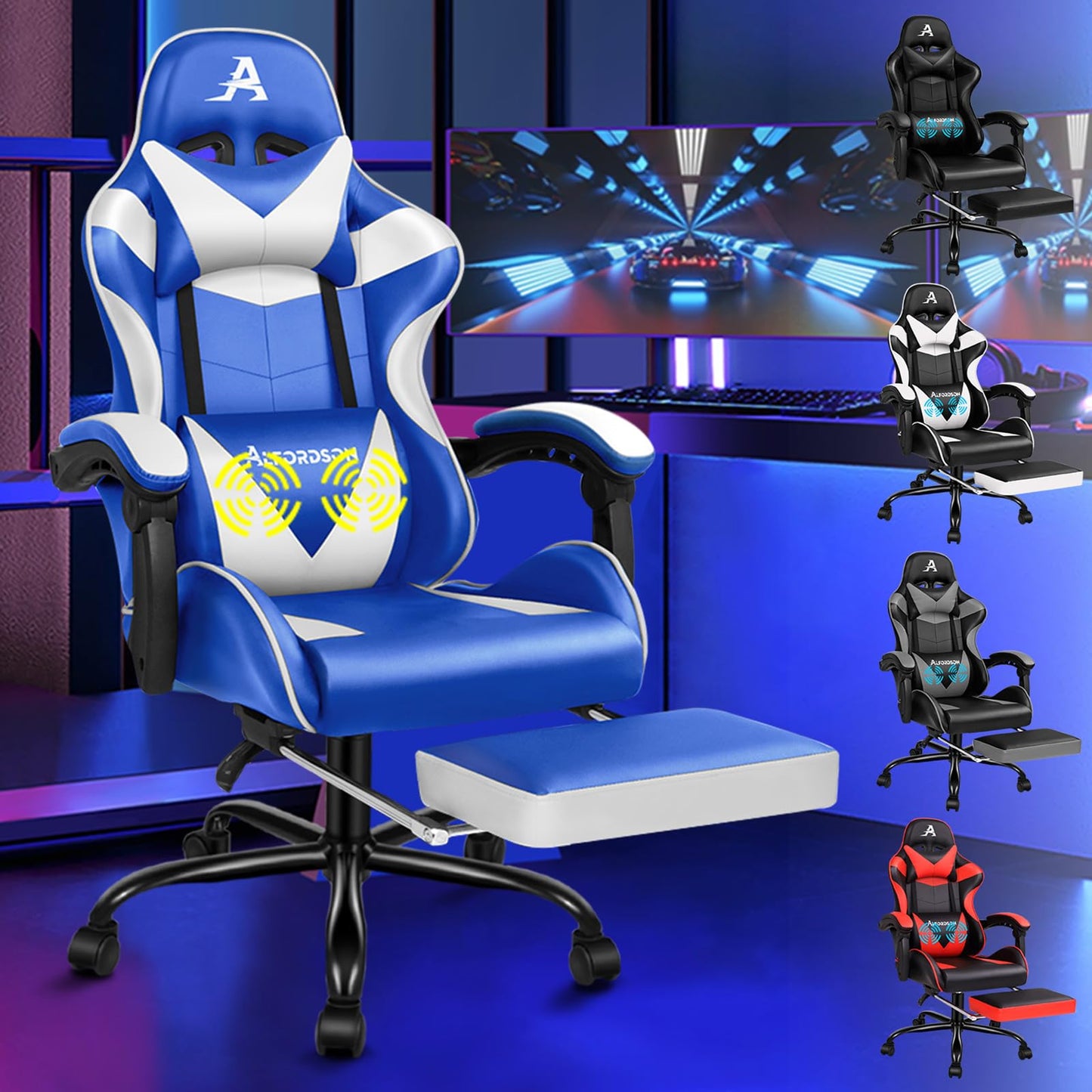 ALFORDSON Videospielstuhl, ergonomischer Bürostuhl, Massage-Rennstuhl, einziehbare Fußstütze, PU-Leder, höhenverstellbar und neigbar, 180 kg Tragkraft, Schwarz