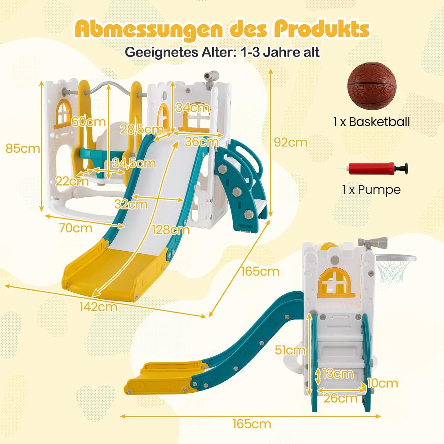 GOPLUS 7 in 1 Kinderrutsche, Kinderrutsche und Kletterspielset mit Leiter, Basketballkorb, Schaukel, Teleskop, Stauraum & rutschfeste Pedale, Indoor Spielplatz für Kinder von 1-3 Jahren (Gelb+Grün)
