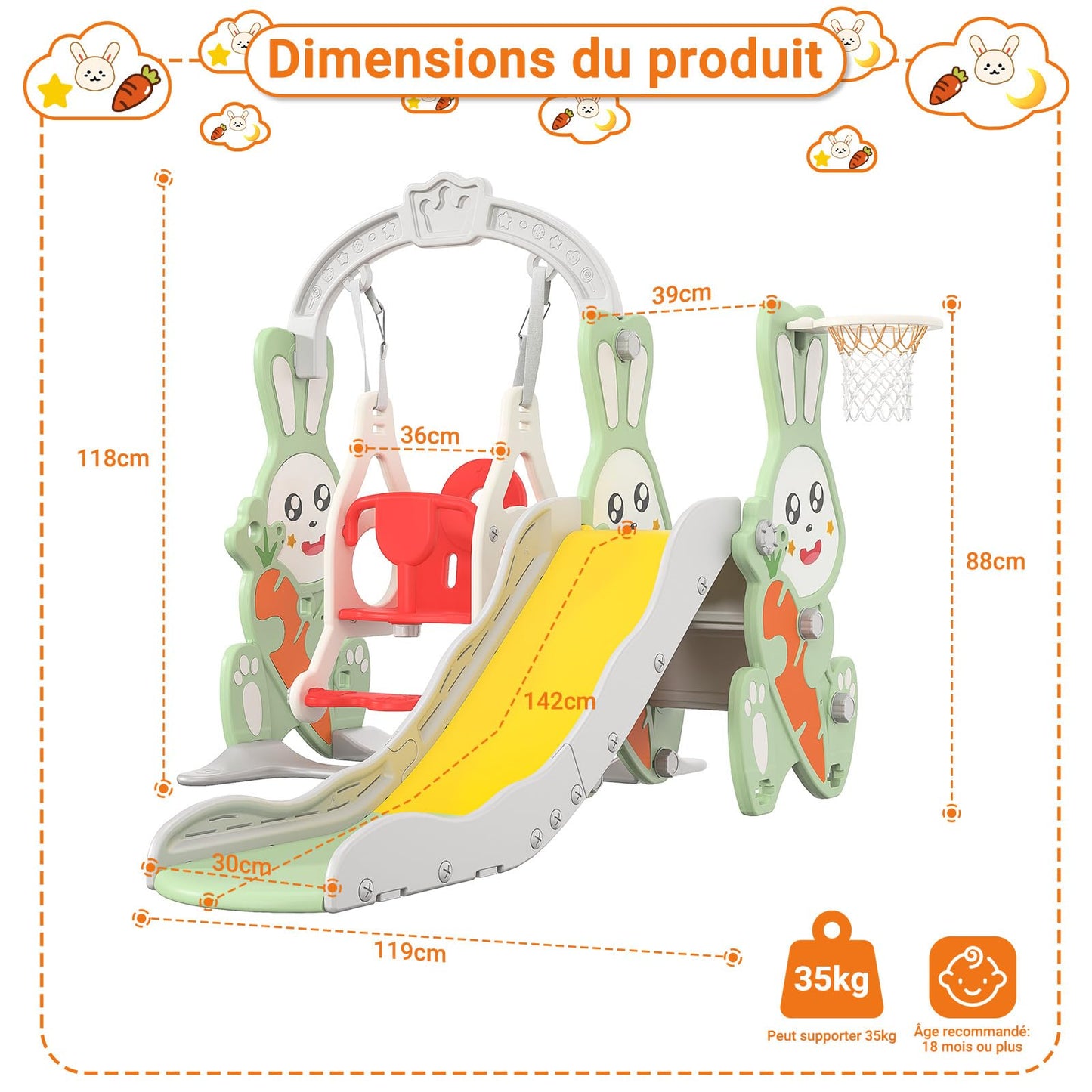 DADEA 6 in 1 Kinderrutsche mit Korb, Rutsche und Schaukel für Kinder im Freien Grün, 150 × 150 × 115 cm, Babyschaukel und Rutsche für Kinder zu Hause Schaukel Kinderrutsche, Grün