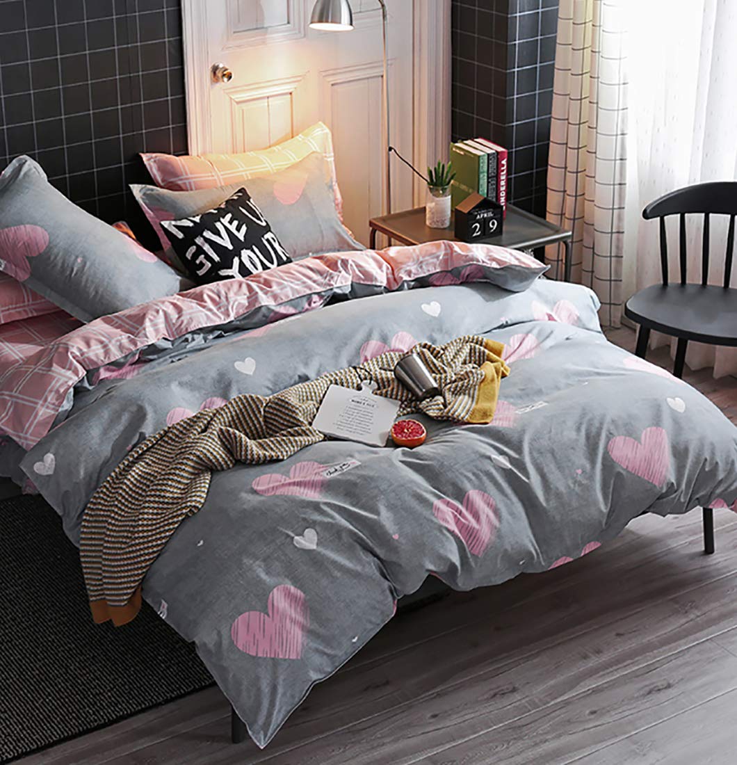 AShanlan Girls' Pink Hearts Children's Bed Linen 135 x 200 cm Pillowcase 80 x 80 cm Grey Pink Reversible Children's Bedding Set 100% Microfibre Duvet Cover with Zip