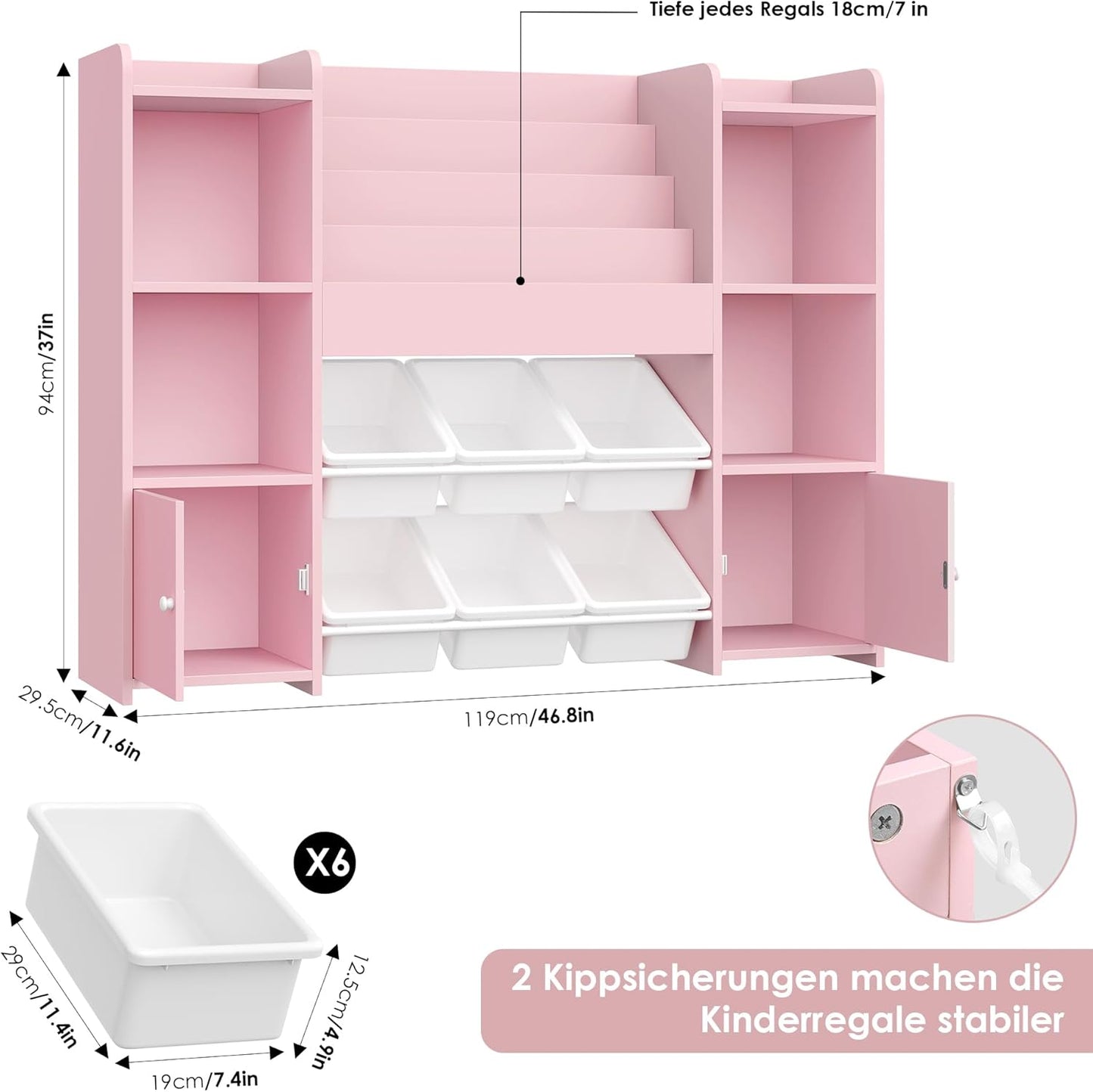 FOREHILL Children's Shelf with Children's Bookcase, Children's Room Furniture Made of Wood, Bookcase for Children with Storage Box, Children's Cabinet with Toy Box, Children's Shelf with 6 Boxes, 119