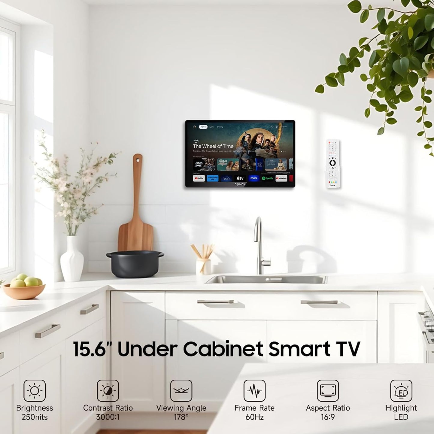 SYLVOX 15.6 Inch Kitchen TV - Mini Smart TV with Google TV, DVB-C/T2/S2, 1080P Full HD, Rotatable and Foldable, Under Cabinet Mountable, 12 V Small TV for Kitchen, Children's Room, Laundry