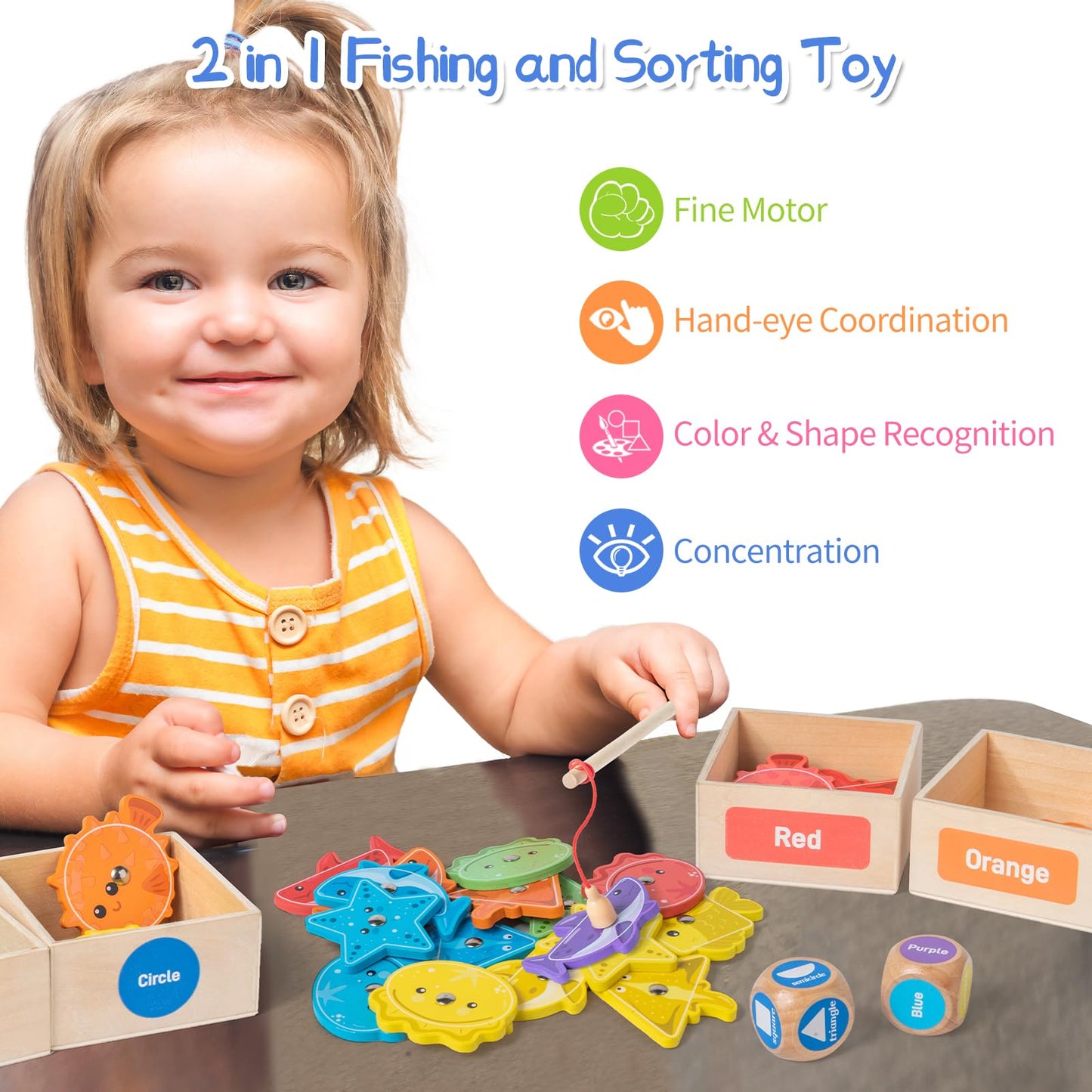 Smartwo Montessori Toy from 2 Years, Magnetic Fishing Game 2-3 Years, Colour & Shape Sorting Games, Educational Toy, Wooden Toy, Motor Skills Toy, Meaningful Gift for 2-4 Year Old Baby Toddlers