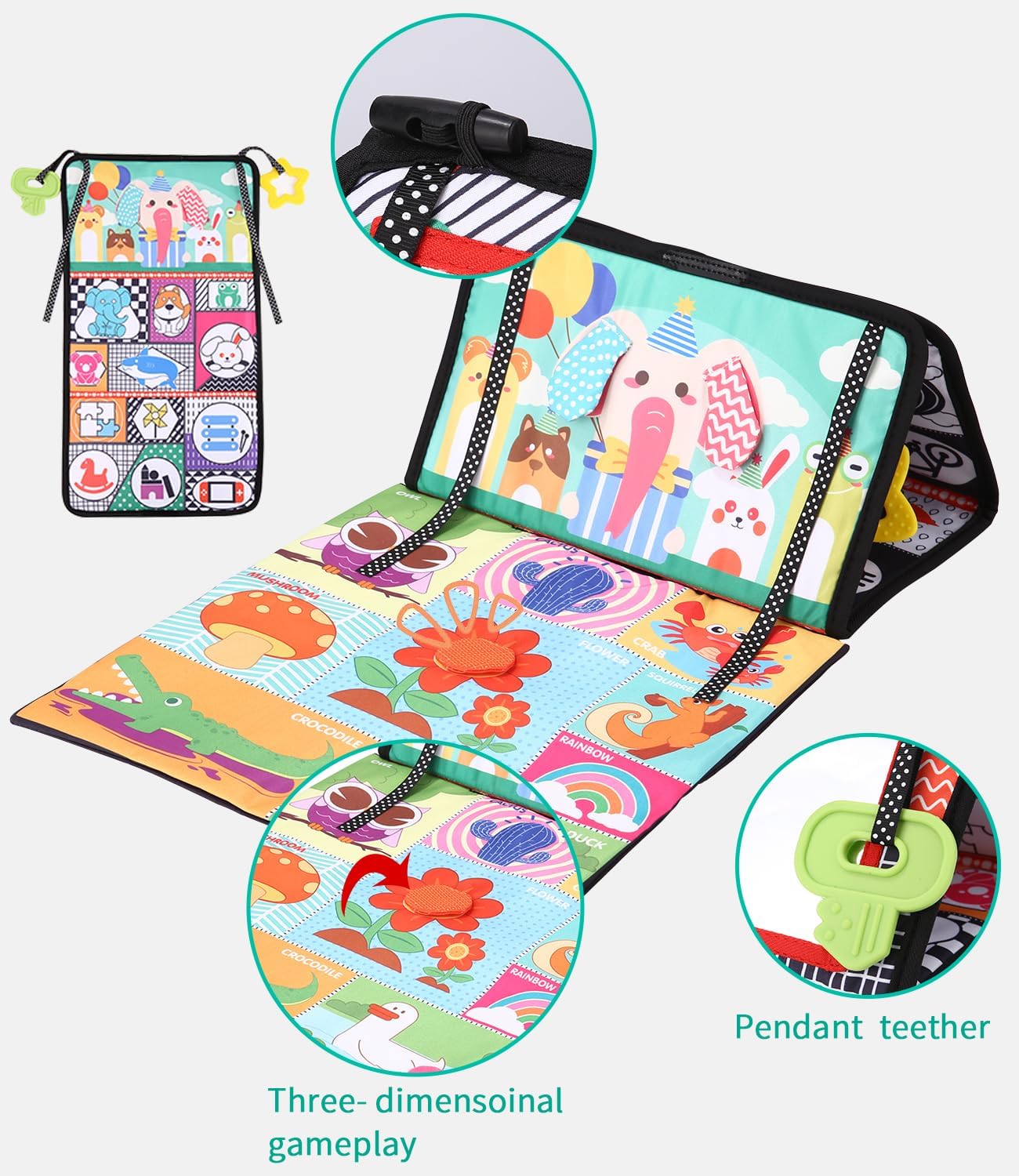 Zawaer Baby Mirror Toy, Foldable Baby Tummy Position, Sensory Fabric Books with Black White Contrast Pattern, Visual Auditory Tactile Stimulation Montessori Toy for Newborns from 3 Months
