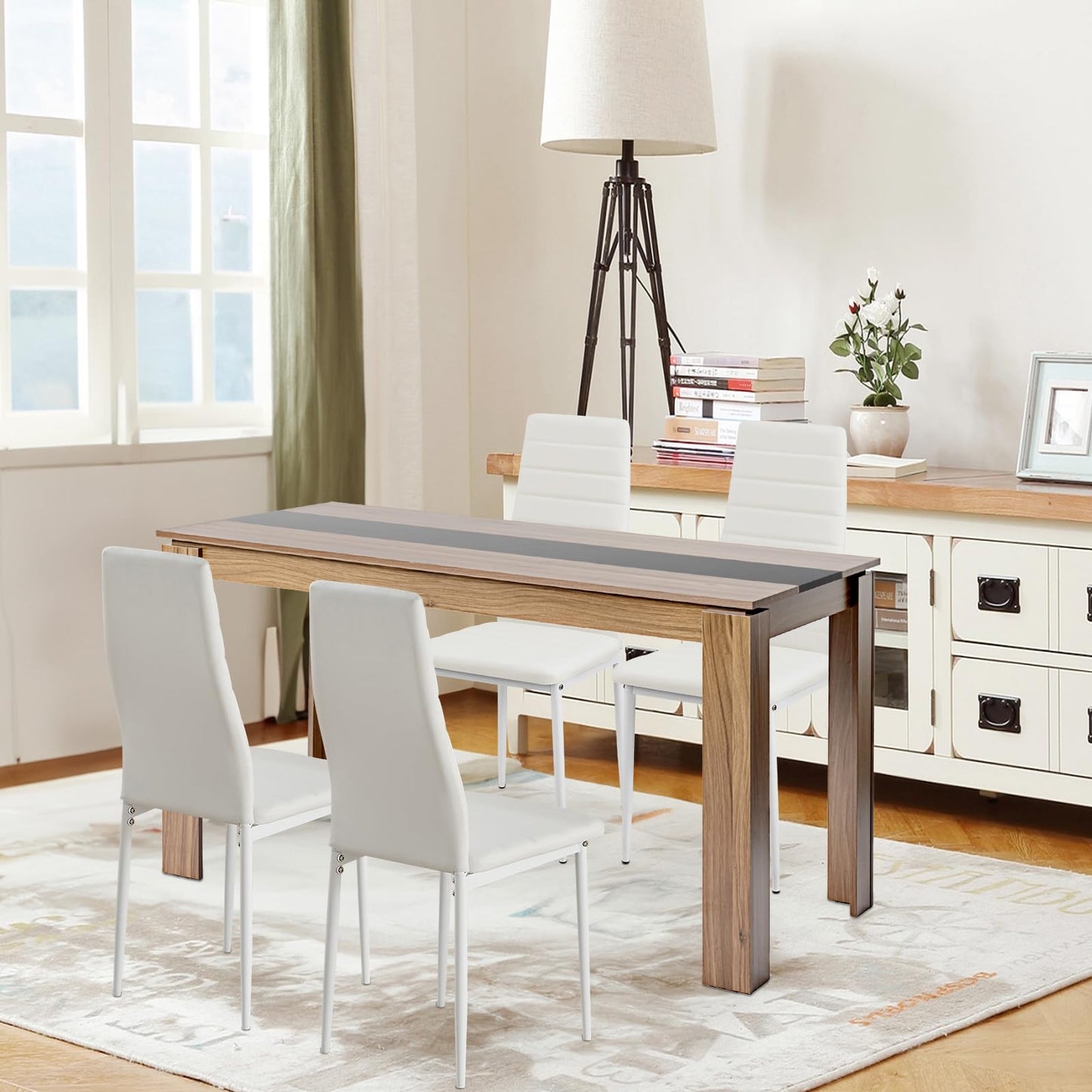 FURNITABLE Esstisch mit 6 Stühlen Esszimmergruppe, Essgruppe mit Hochlehner Kunstleder Stuhl für 6 Personen, Sitzgruppe für Küche Wohnzimmer(160cm Eiche-Weiß Tischbein Tisch+6 Schwarz Stühle)