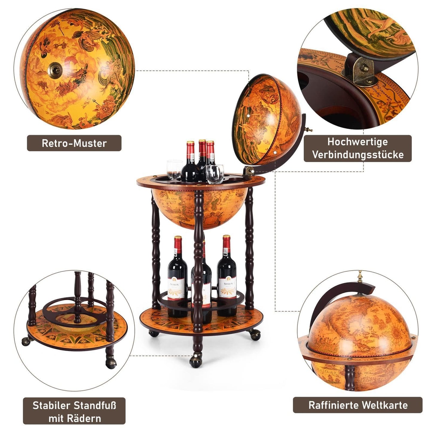 RELAX4LIFE Globe Bar on Wheels, Bar Trolley with World Globe, Bar Table Solid Wood, Serving Trolley with Wine Bottle Holder, Mobile Cocktail Bar, Antique Look, Decorative Mini Bar Serving Table