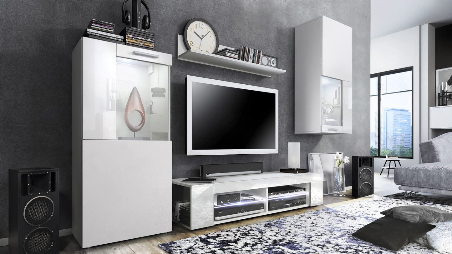 Vladon Wohnwand Movie, Anbauwand bestehend aus 1 TV-Board, 2 Vitrinen und 1 Regal, Weiß matt/Weiß matt/Weiß Hochglanz (Gesamt: 300 x 190 x 39 cm)