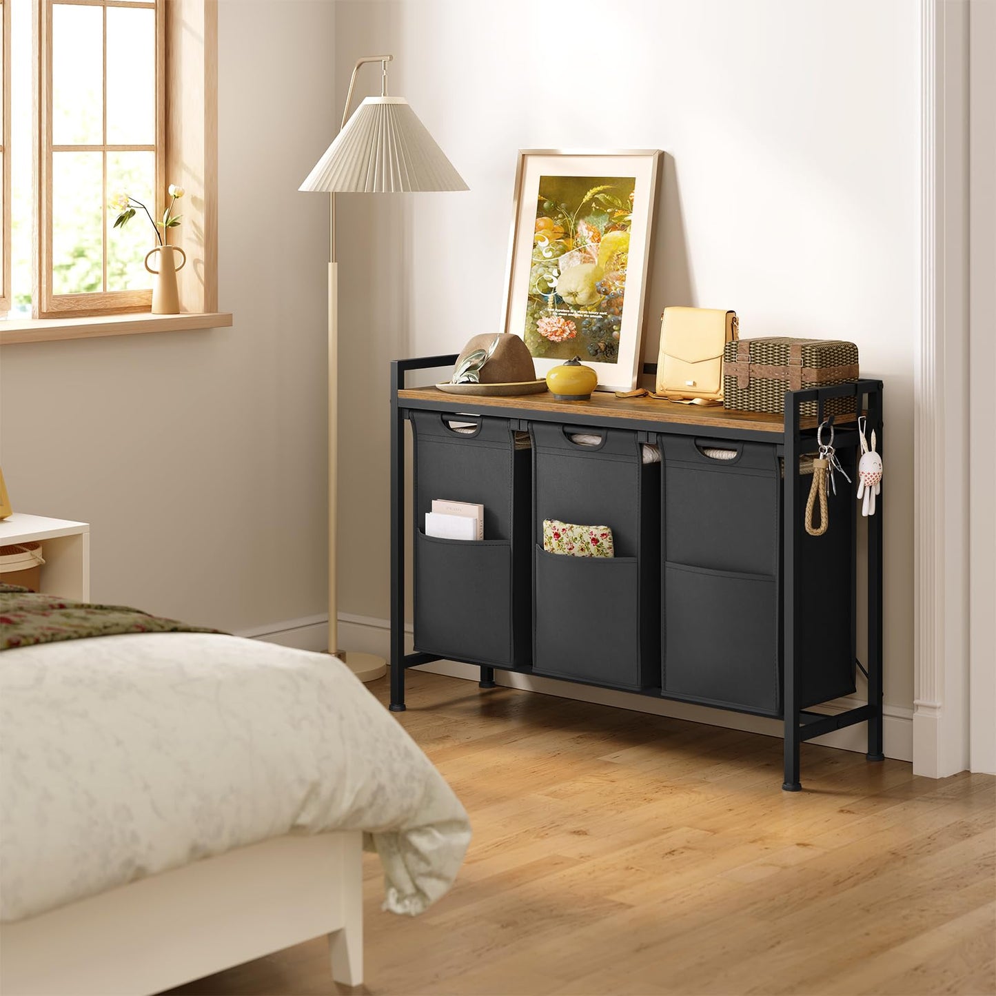 WOLTU Laundry Basket, 3 Compartments, Each 40 L, Laundry Hamper with Shelf Metal Frame, Oxford Fabric Laundry Bag, Extendable, Removable, Laundry Sorter, Laundry Container, White