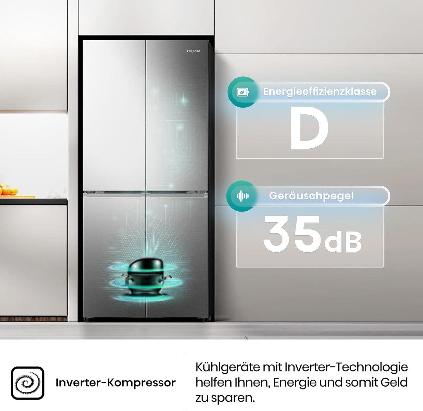 Hisense RQ5P470SAID Cross-Door Fridge-Freezer, 304 Litre Fridge Capacity, 179 Litre Freezer, Total NoFrost, Wifi, Multi AirFlow, FastFreeze, Energy Efficiency Class D, 178.5 cm x 79.4 cm