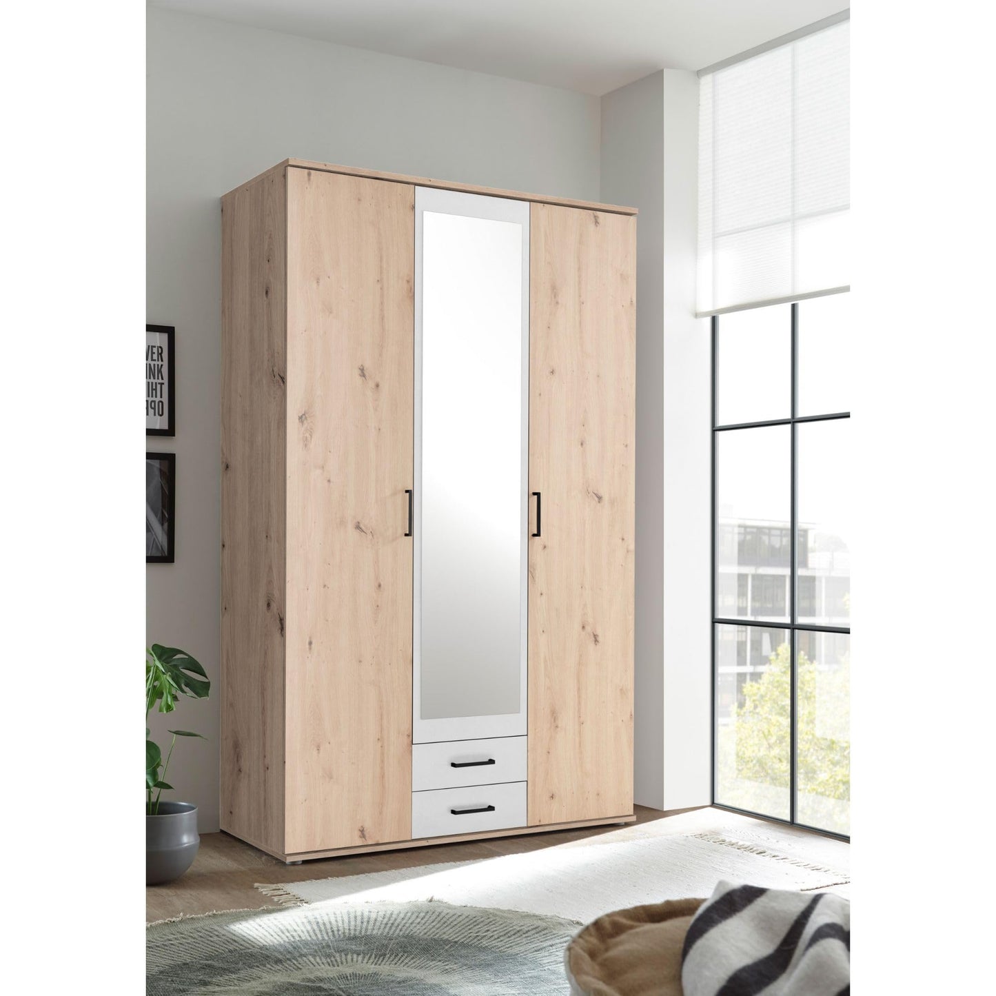 Stella Trading CHICAGO Eleganter Kleiderschrank mit viel Stauraum - Vielseitiger Drehtürenschrank in Artisan Eiche Optik und Absetzungen in Anthrazit - 156 x 197 x 54 cm (B/H/T)