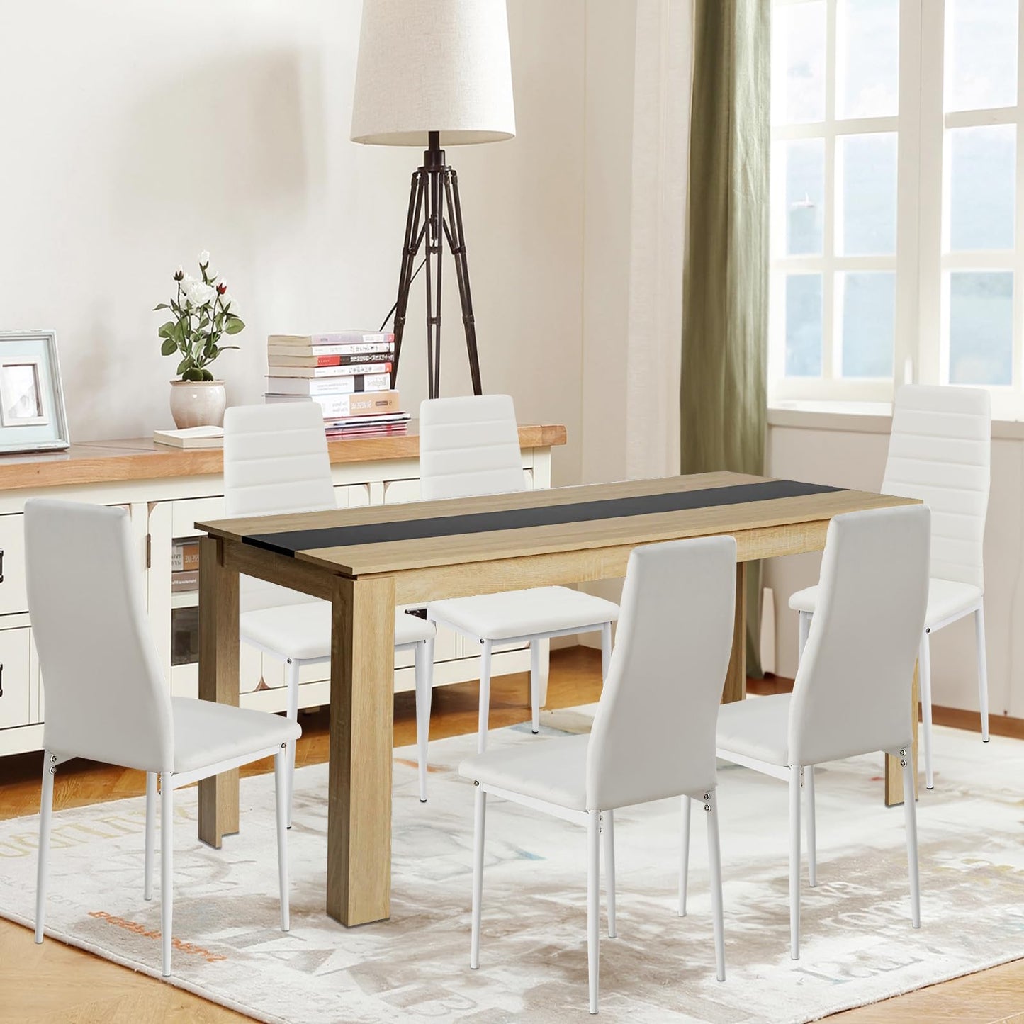 FURNITABLE Esstisch mit 6 Stühlen Esszimmergruppe, Essgruppe mit Hochlehner Kunstleder Stuhl für 6 Personen, Sitzgruppe für Küche Wohnzimmer(160cm Eiche-Weiß Tischbein Tisch+6 Schwarz Stühle)