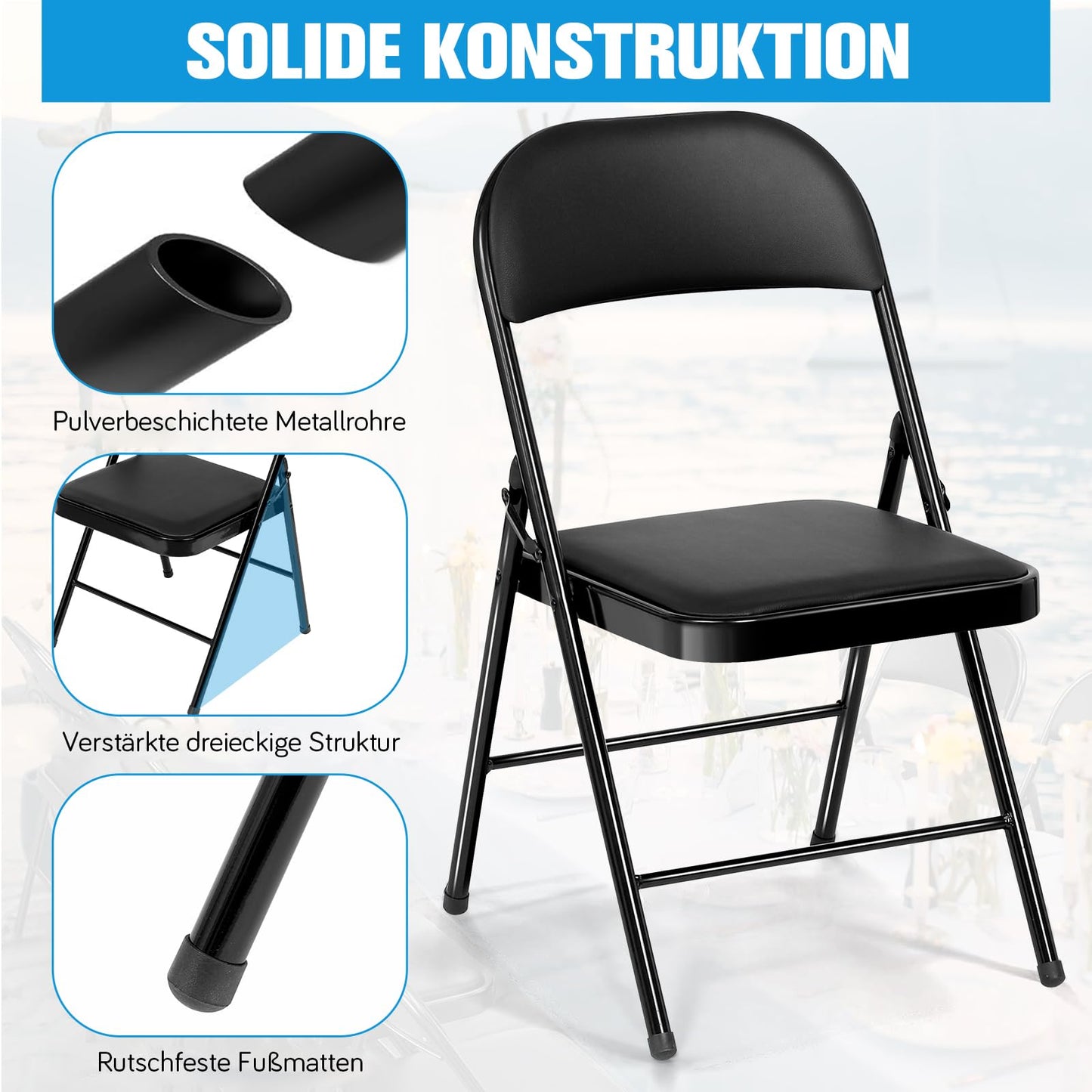 Asdsed Klappstuhl 4er Set, Klappstühle Gepolstert, Klappstuhl bis 158KG Gepolstert mit Starker Stahlrahmen, Faltbarer Klappstühle Platzsparender Schreibtischstuhl für Haus Büro Garten Balkon Party