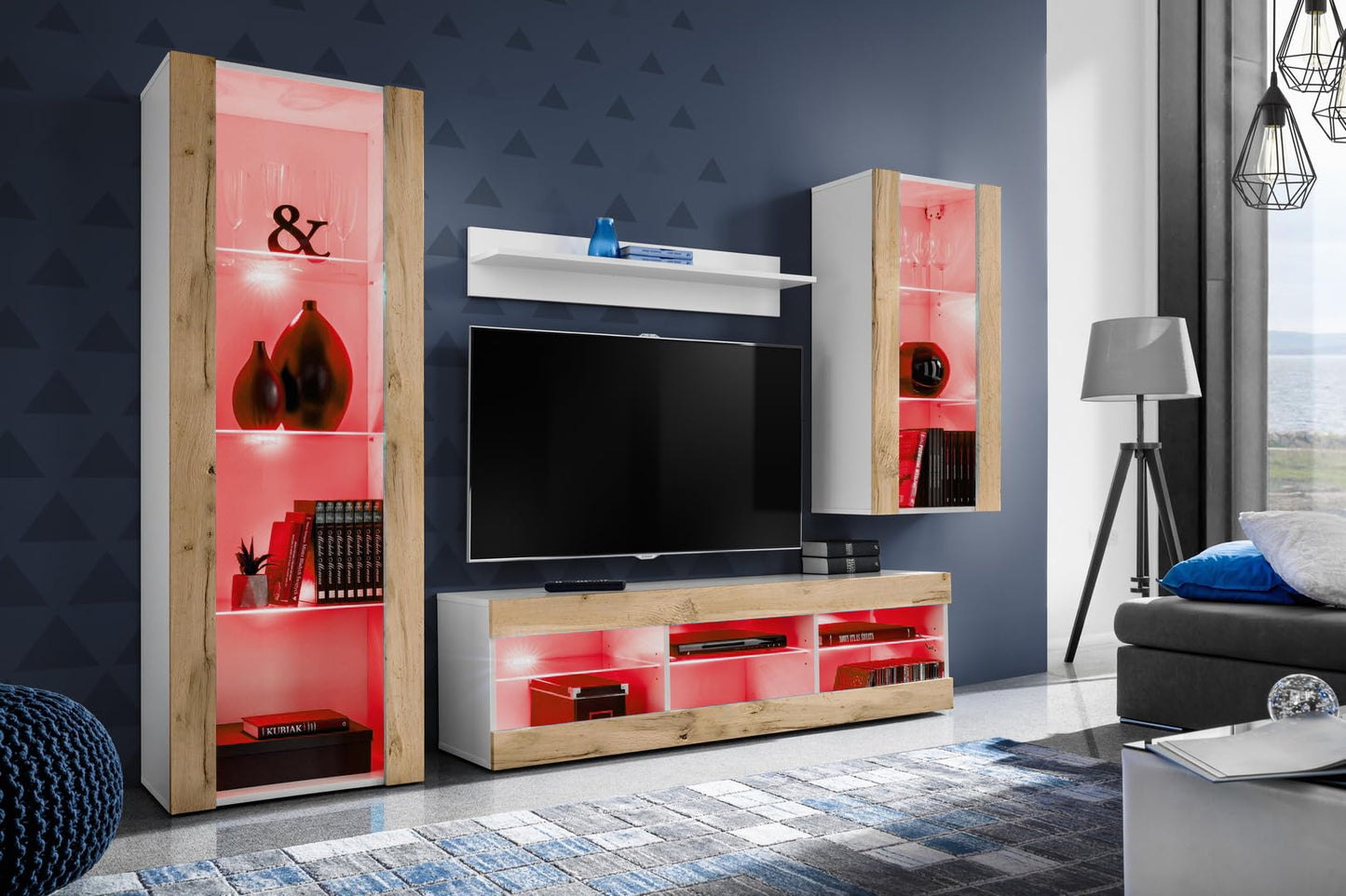 Komodee Tivoli Medio Wall Unit Living Room Set, Black/Black, Width 245 cm x Height 159 cm x Depth 35 cm, LED Blue, for Living Room, Bedroom