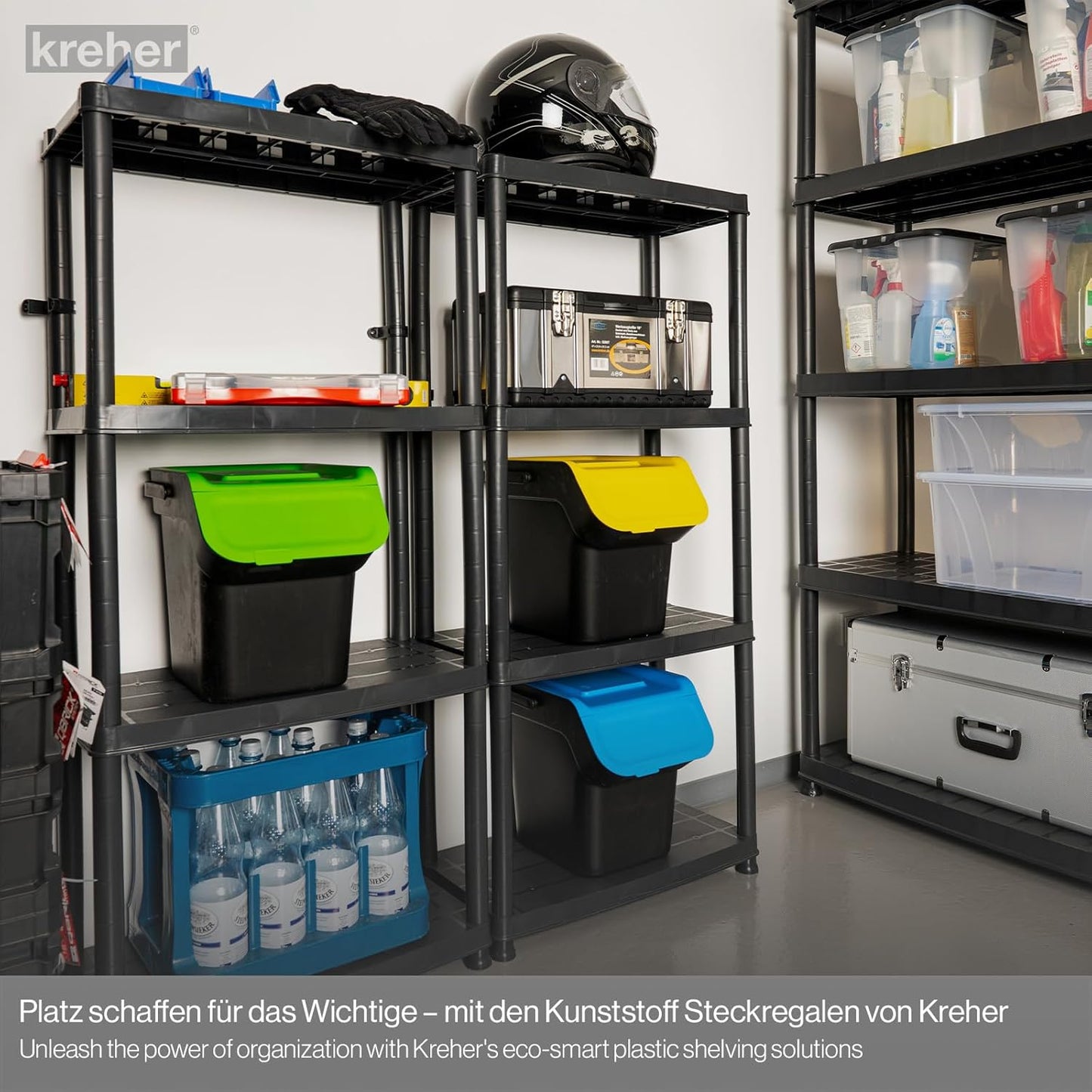 Kreher Economy Set of 2 Plastic Shelves, Household Shelves, Black, 4 Shelves, Max. 100 kg Load per Shelf, 61 x 30.5 x 130 H cm, TÜV Rheinland