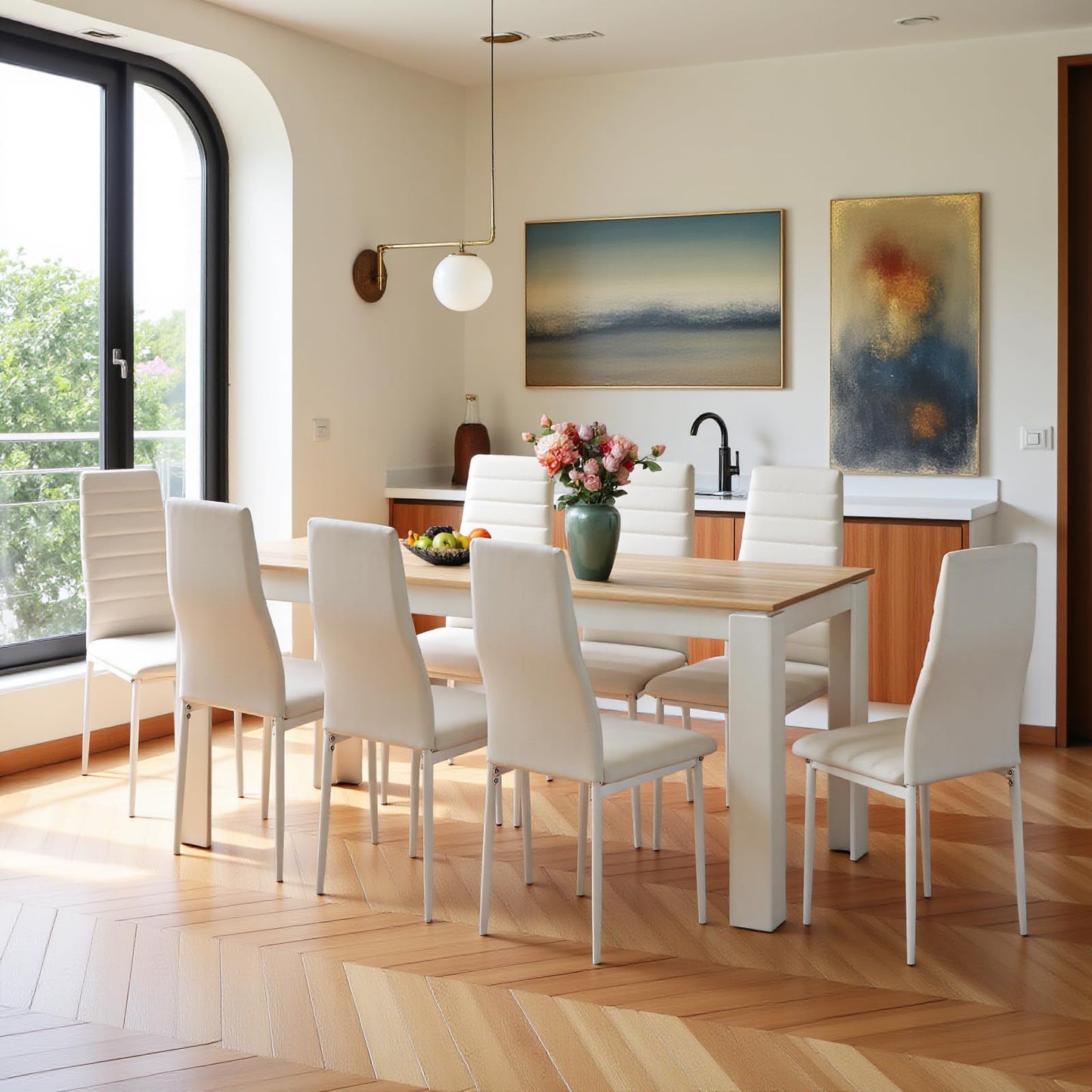 FURNITABLE Esstisch mit 6 Stühlen Esszimmergruppe, Essgruppe mit Hochlehner Kunstleder Stuhl für 6 Personen, Sitzgruppe für Küche Wohnzimmer(160cm Eiche-Weiß Tischbein Tisch+6 Schwarz Stühle)