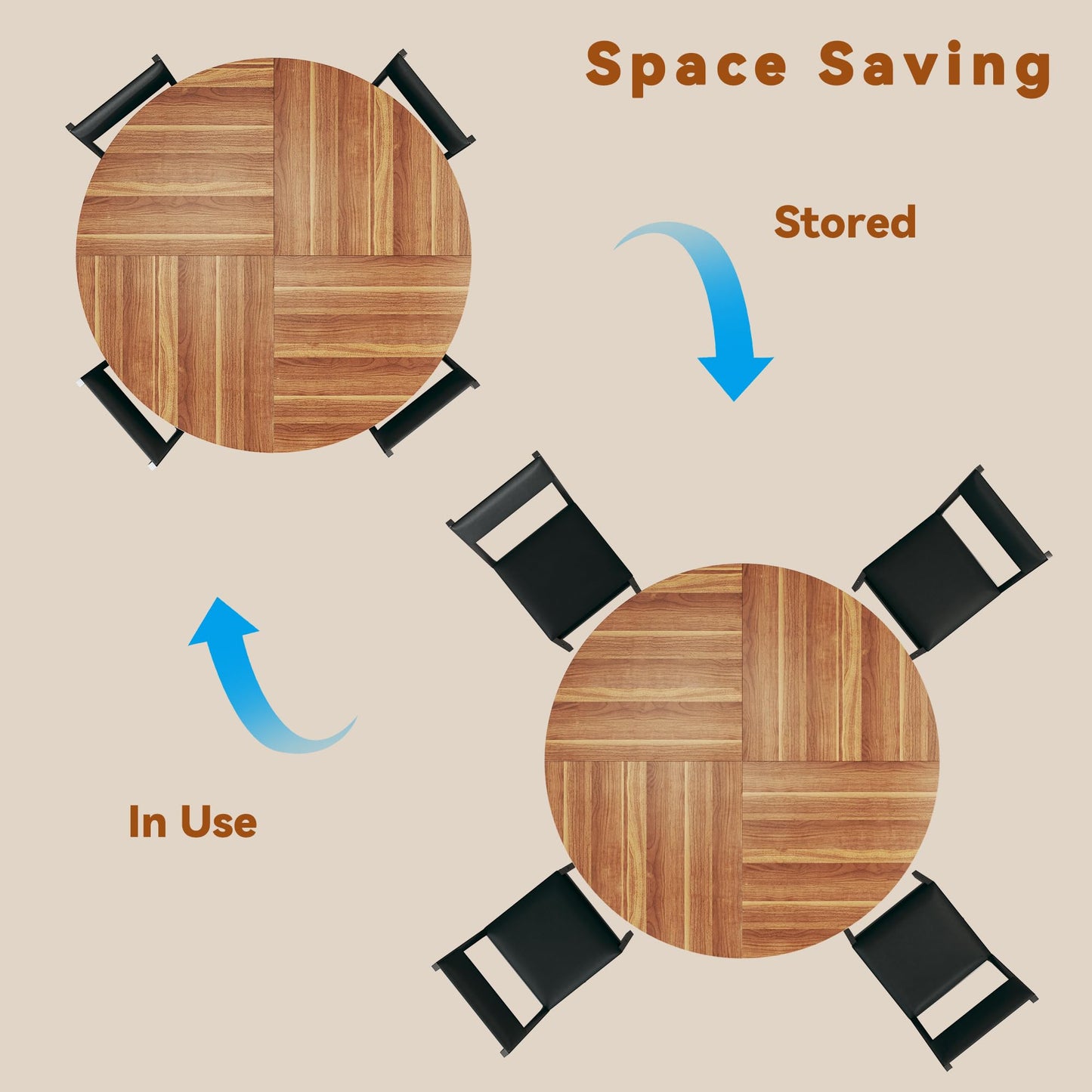 Round Dining Table Set for 6, 7-Piece Kitchen Table and Chairs for 6, 47'' Round Dining Room Table Set with 6 Chairs, Space Saving Dining Table with Wood Base for Kitchen, Living Room, Brown