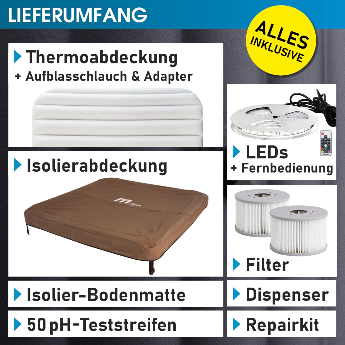 BRAST Whirlpool MSpa Oslo & Oslo Plus XXL mit Fester Außenwand | 160x160x65cm - 180x180x65cm | LED-Beleuchtung 20 Farben | 6 Personen | 120-140 Massagedüsen | Ganzjähriger Einsatz Winterfest